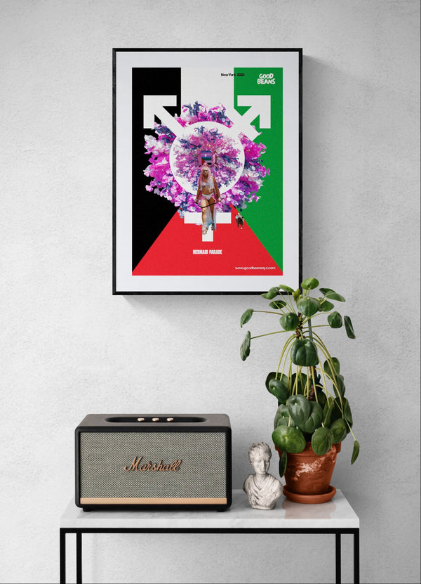 Trans Palestine Poster — Mermaid Parade 2025 framed in black on a gallery wall with a viewer in a straw hat in front — Good Beans NYC.