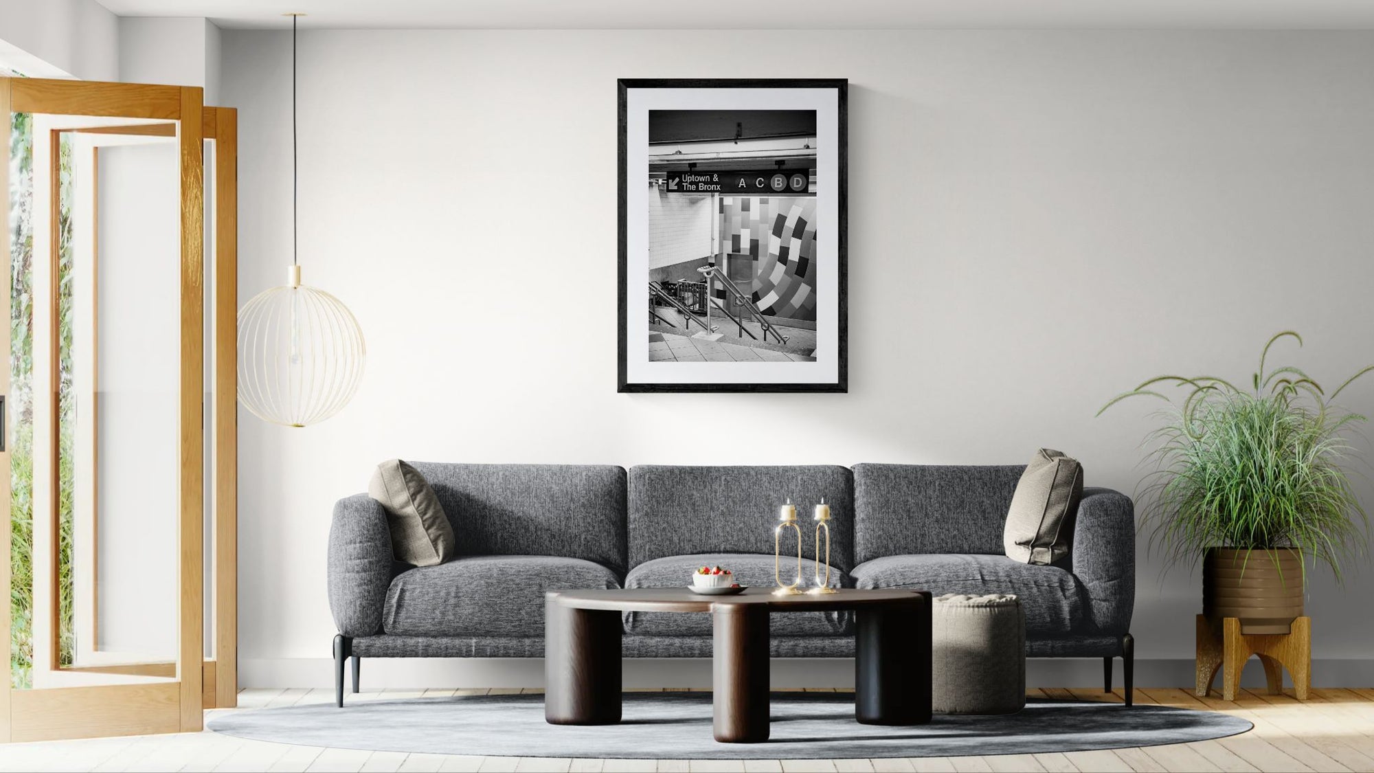 NYC Subway ACBD Uptown & Bronx, Portals Series framed in black above a beige sofa, sunlit yellow plaster wall — Good Beans NYC.