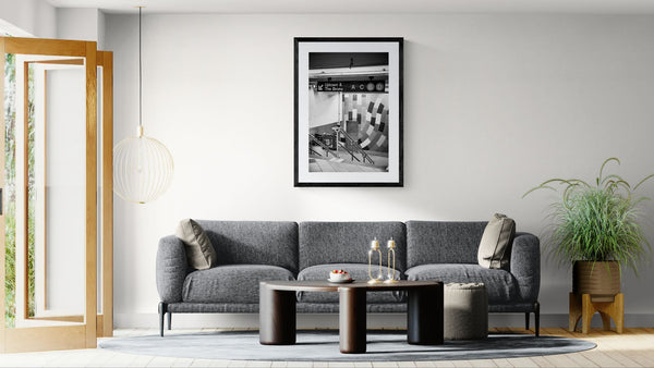 NYC Subway ACBD Uptown & Bronx, Portals Series framed in black above a beige sofa, sunlit yellow plaster wall — Good Beans NYC.