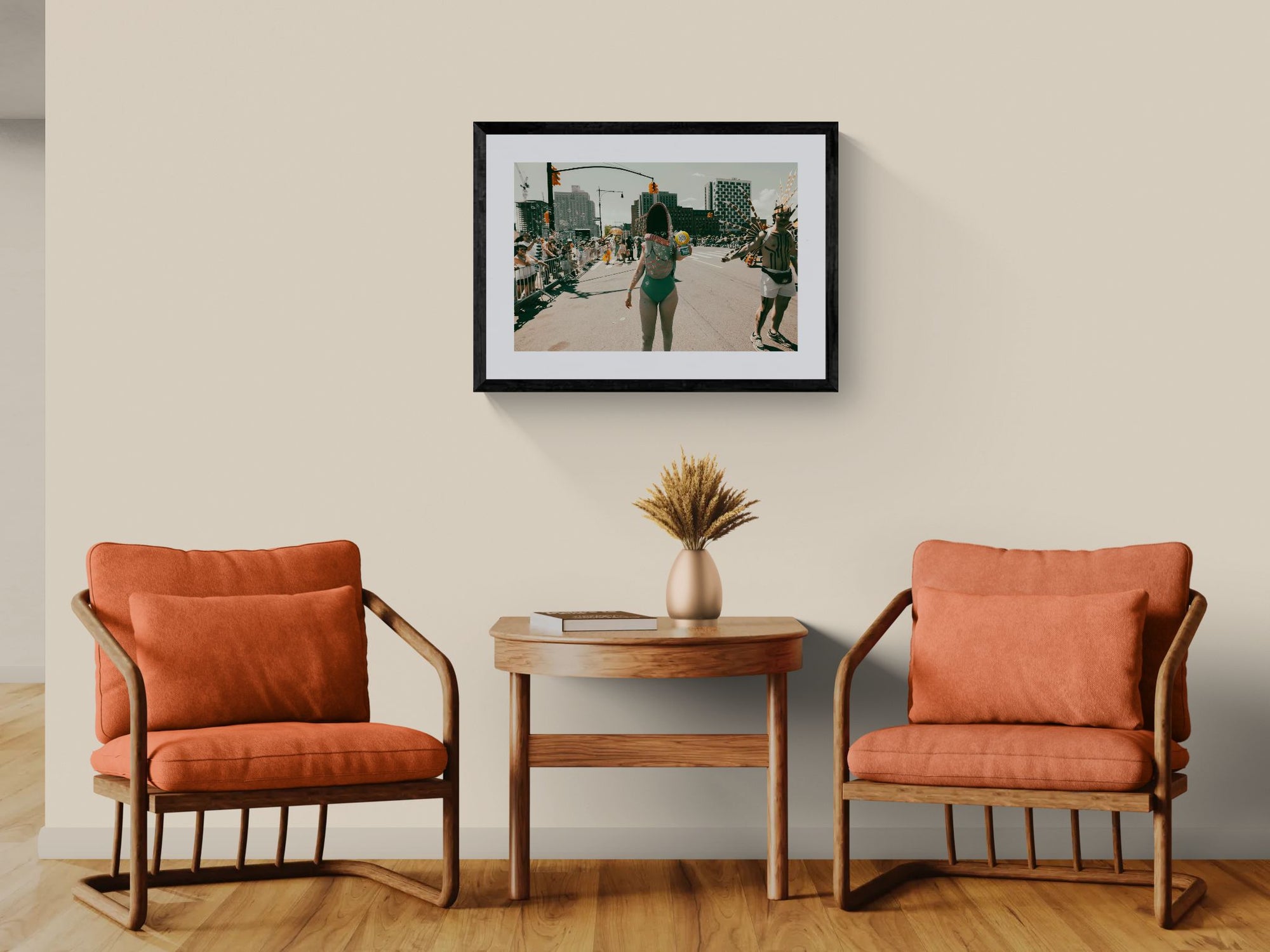 NYC Mermaid Parade Fish Gun — Coney Island framed in black above a beige sofa, sunlit yellow plaster wall — Good Beans NYC.