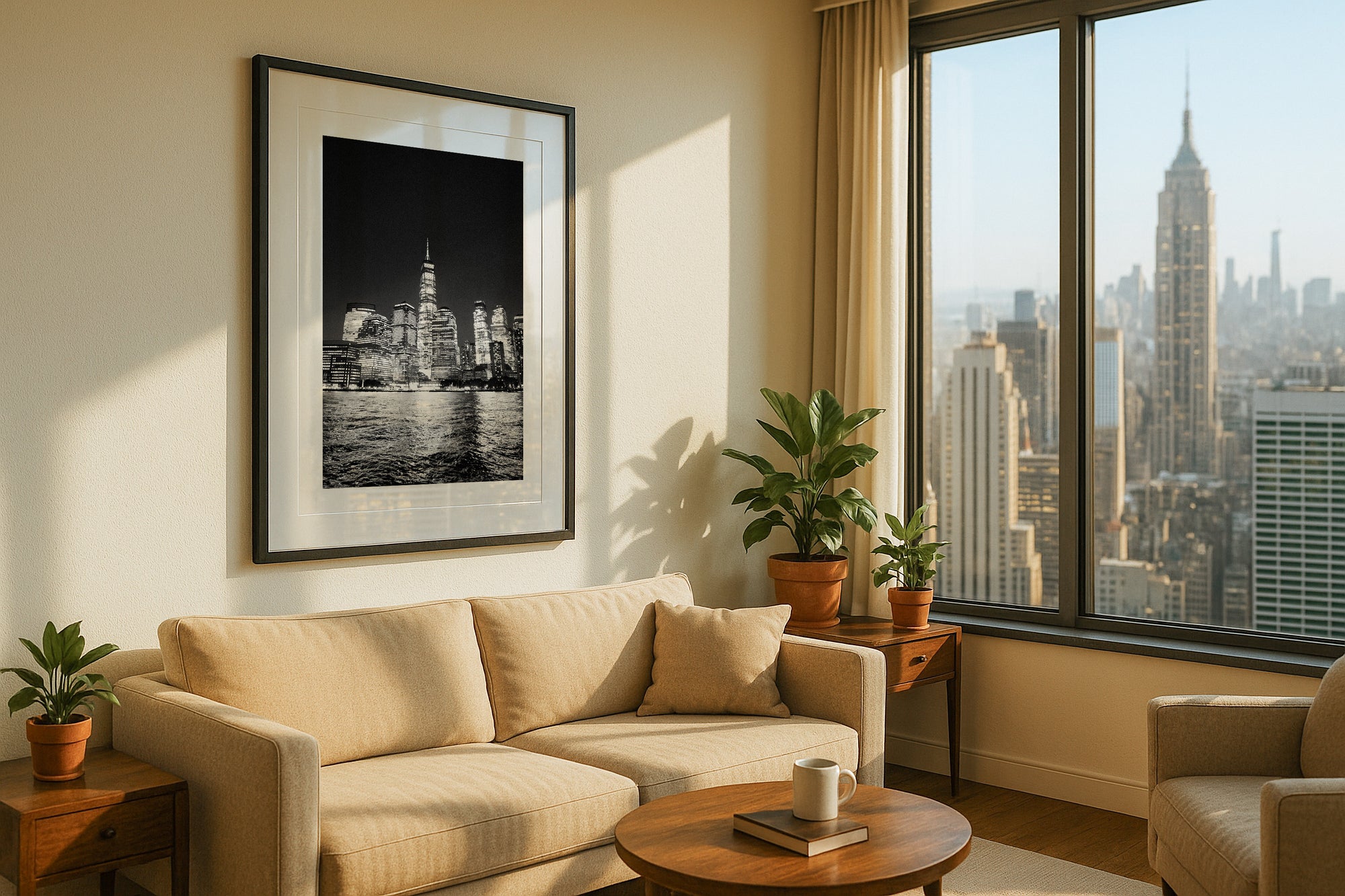 NYC Freedom Tower from the Hudson, Manhattan framed in black on a gallery wall with a viewer in a straw hat in front — Good Beans NYC.