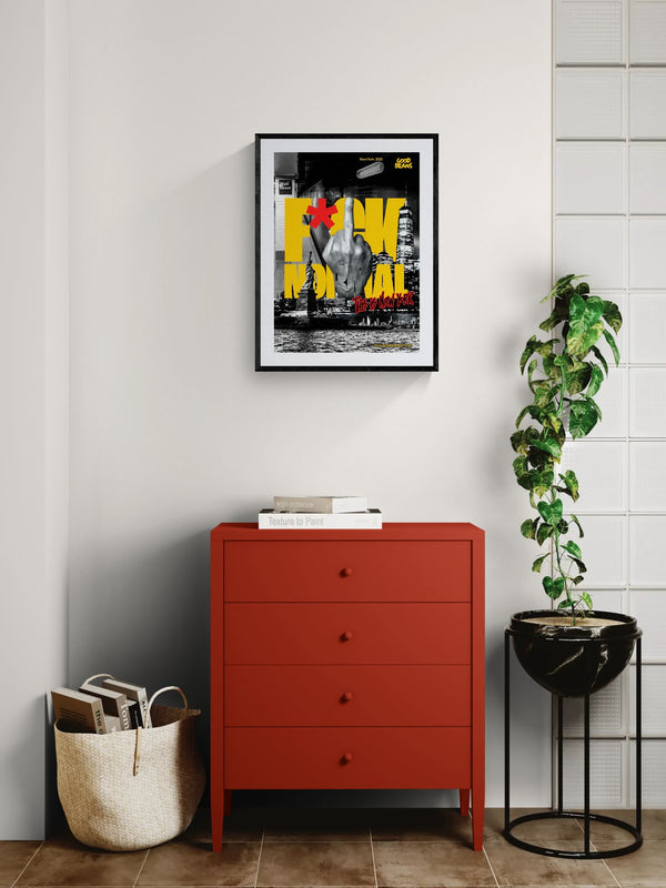 F*ck Normal Poster, This Is New York framed in black on a gallery wall with a side-profile viewer in a dark coat — Good Beans NYC.