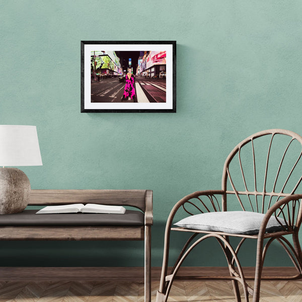 NYC New York in a Time of Pizza From Far framed in black above a beige sofa, sunlit yellow plaster wall — Good Beans NYC.