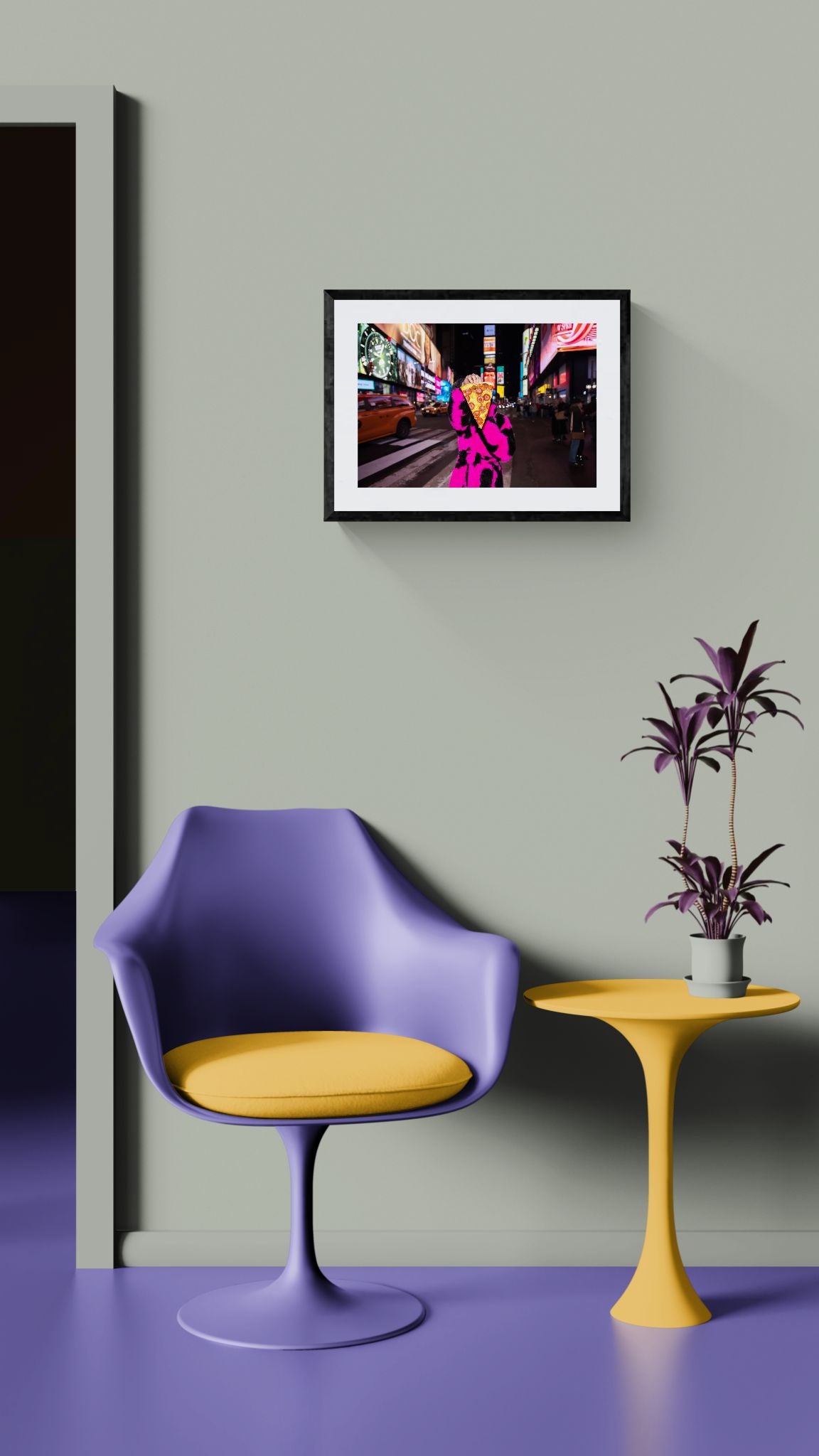 NYC New York in a Time of Pizza Up Close framed in black on a gallery wall with a viewer in a straw hat in front — Good Beans NYC.