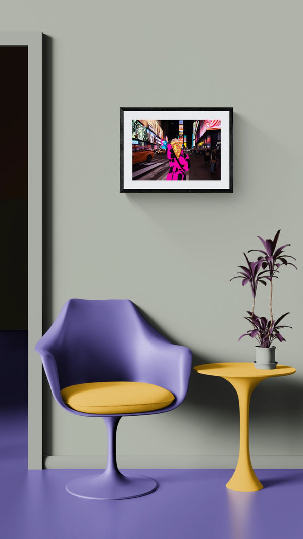 NYC New York in a Time of Pizza Up Close framed in black on a gallery wall with a viewer in a straw hat in front — Good Beans NYC.