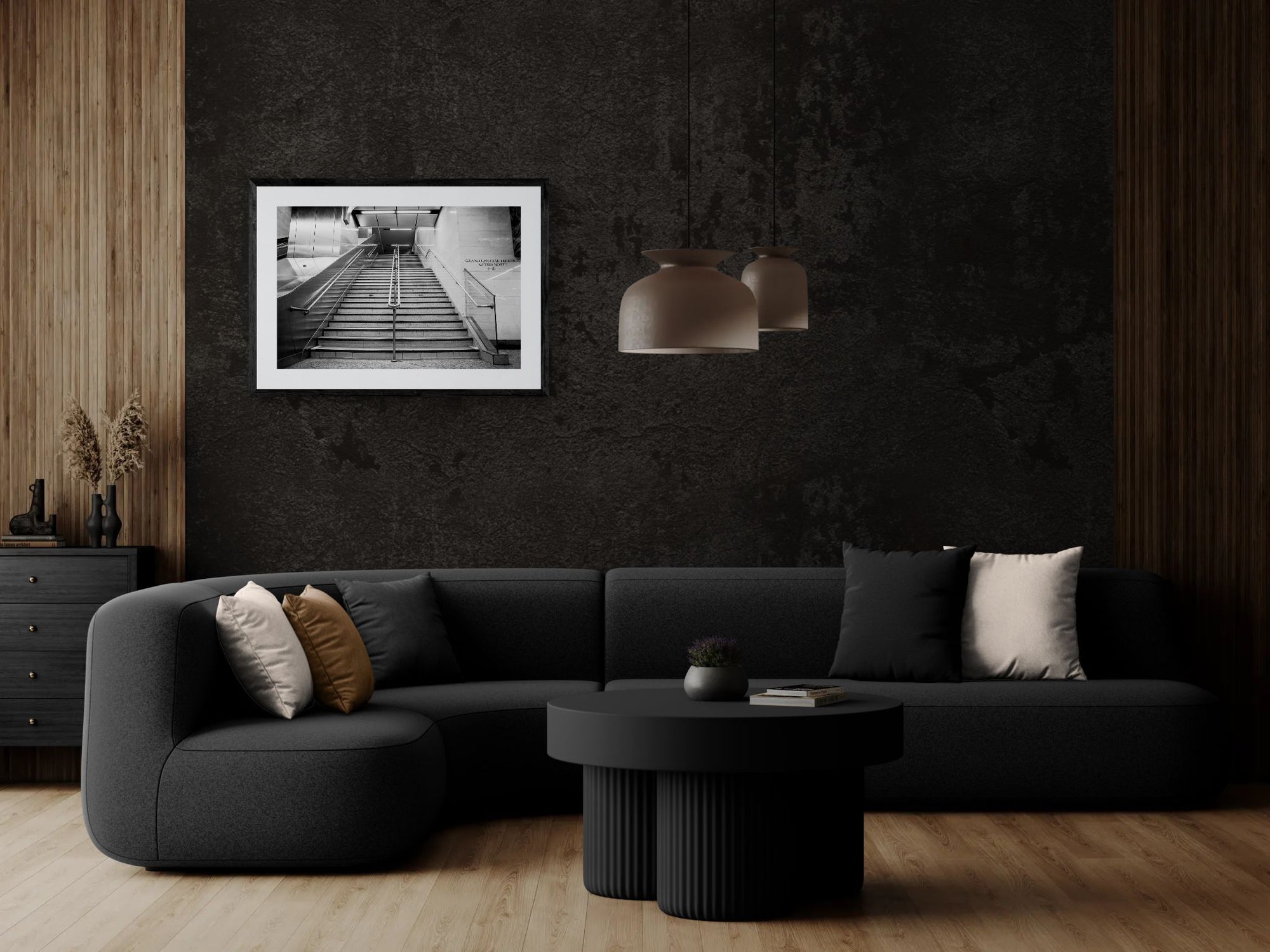 NYC Subway Grand Central Emptiness, Portals Series framed in black above a terracotta velvet sofa, gray plaster wall — Good Beans NYC.