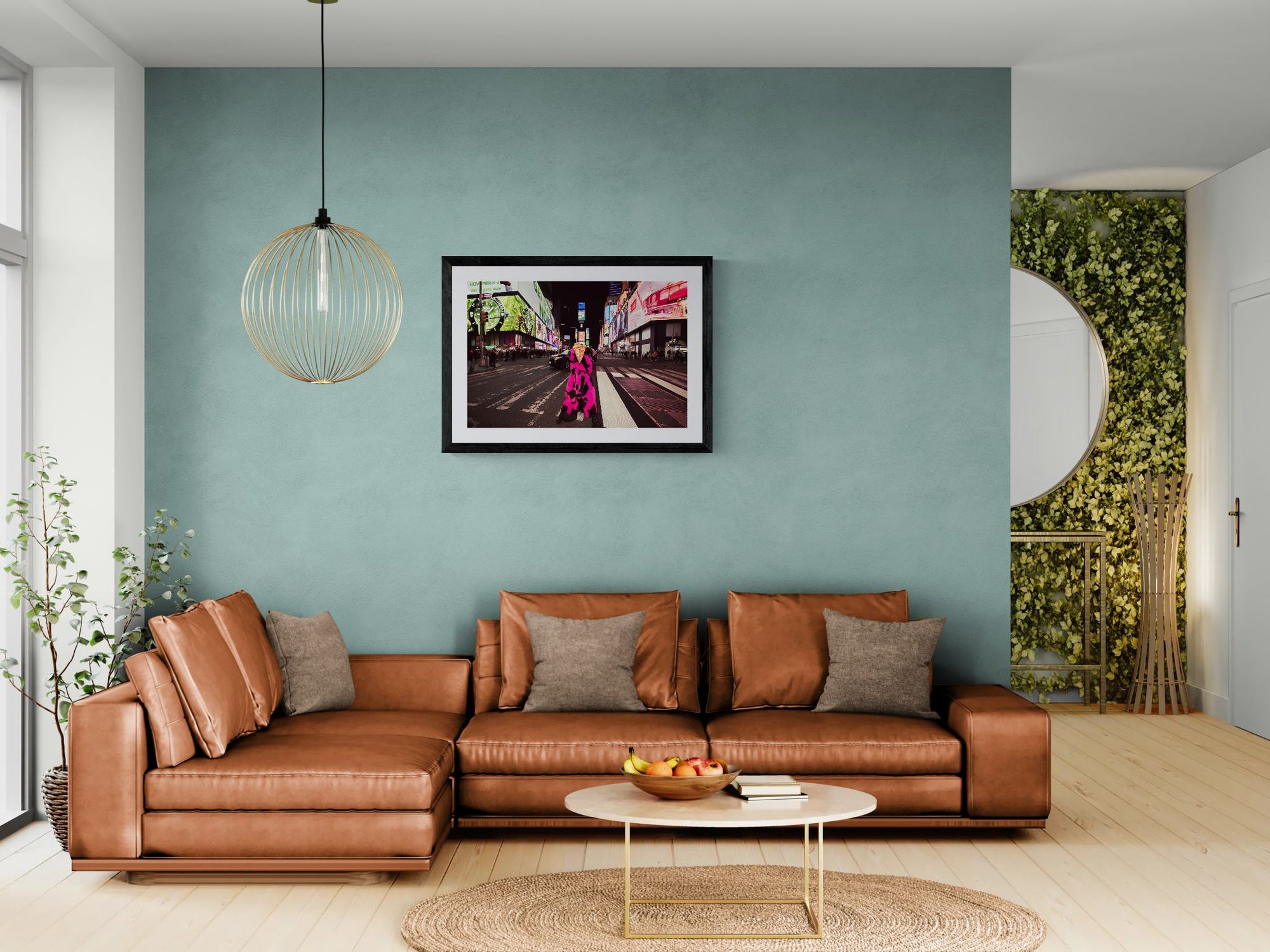 NYC New York in a Time of Pizza From Far framed in black above a terracotta velvet sofa, gray plaster wall — Good Beans NYC.