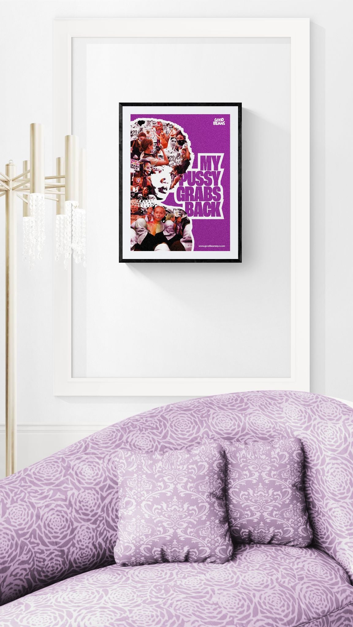 My Pussy Grabs Back Poster, Protest Collage framed in black on a gallery wall with a viewer in a straw hat in front — Good Beans NYC.