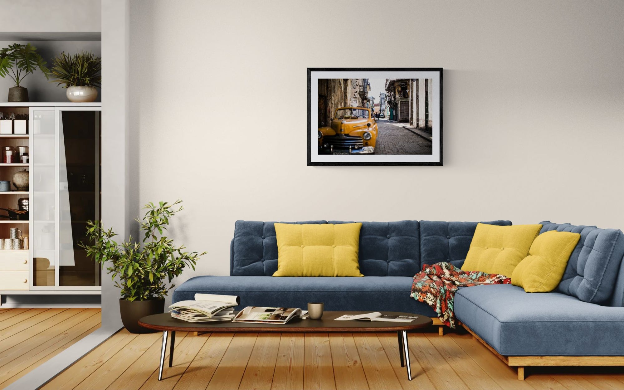Cuba Taxi, Old Havana framed in black on a gallery wall with a viewer in a straw hat in front — Good Beans NYC.