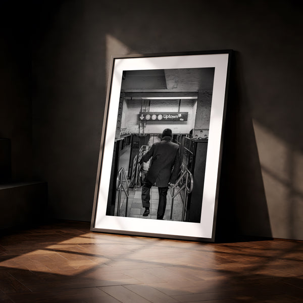 NYC Subway 456 Man Rushing, Portals Series framed in black on a gallery wall with a viewer in a straw hat in front — Good Beans NYC.