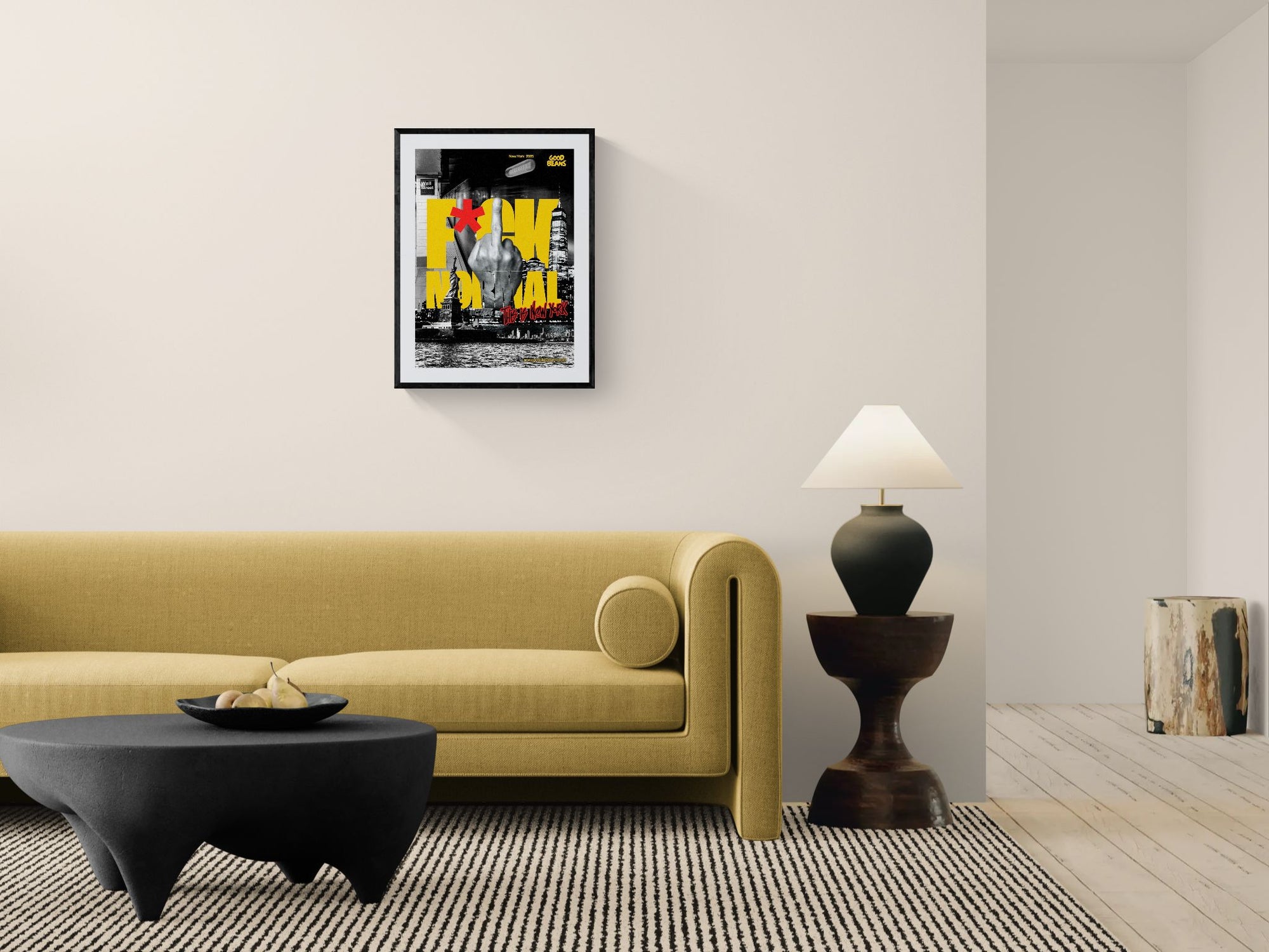 F*ck Normal Poster, This Is New York framed in black on a gallery wall with a viewer in a straw hat in front — Good Beans NYC.
