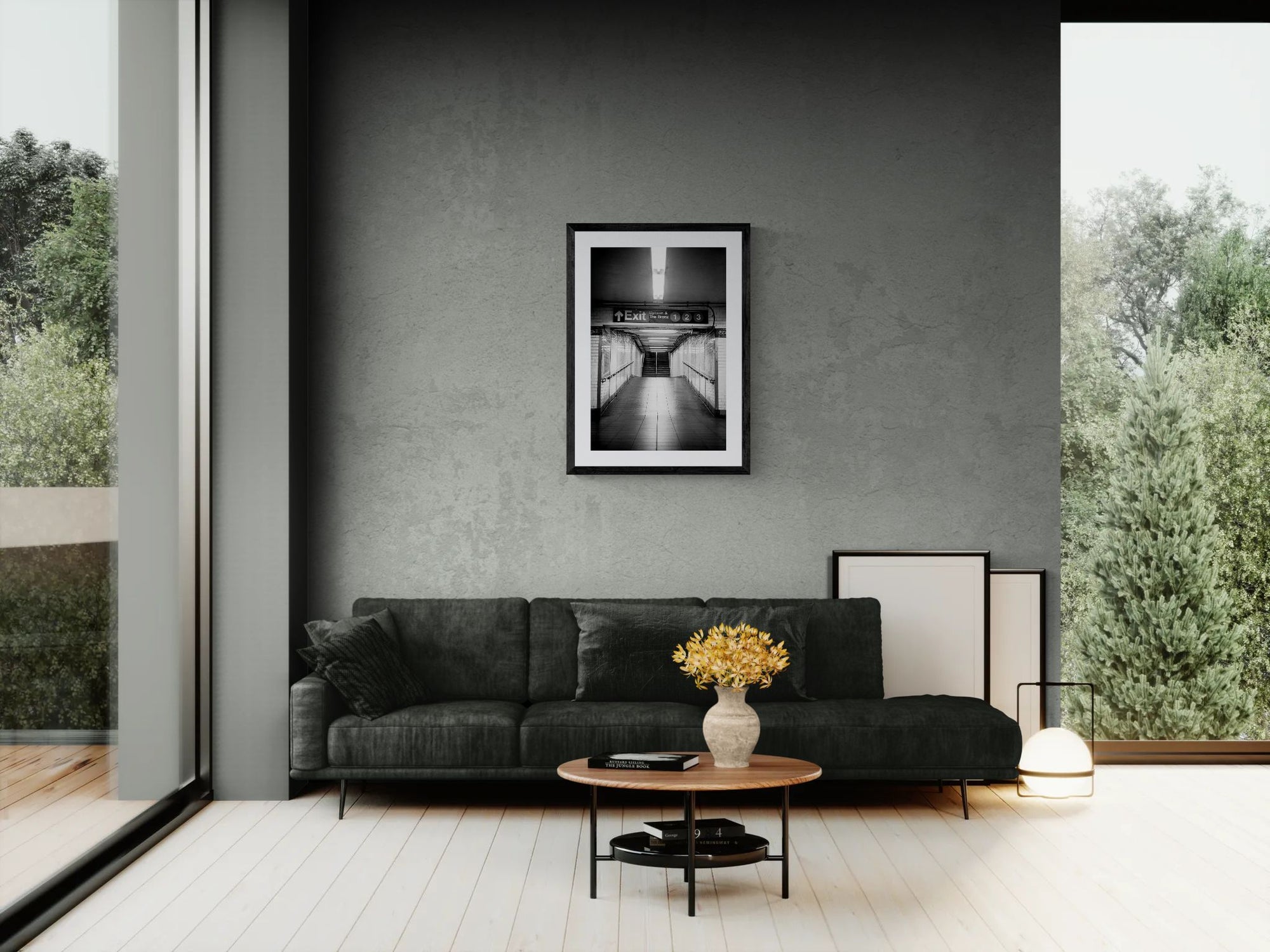 NYC Subway 1 2 3 Uptown & Bronx, Portals Series framed in black above a terracotta velvet sofa, gray plaster wall — Good Beans NYC.