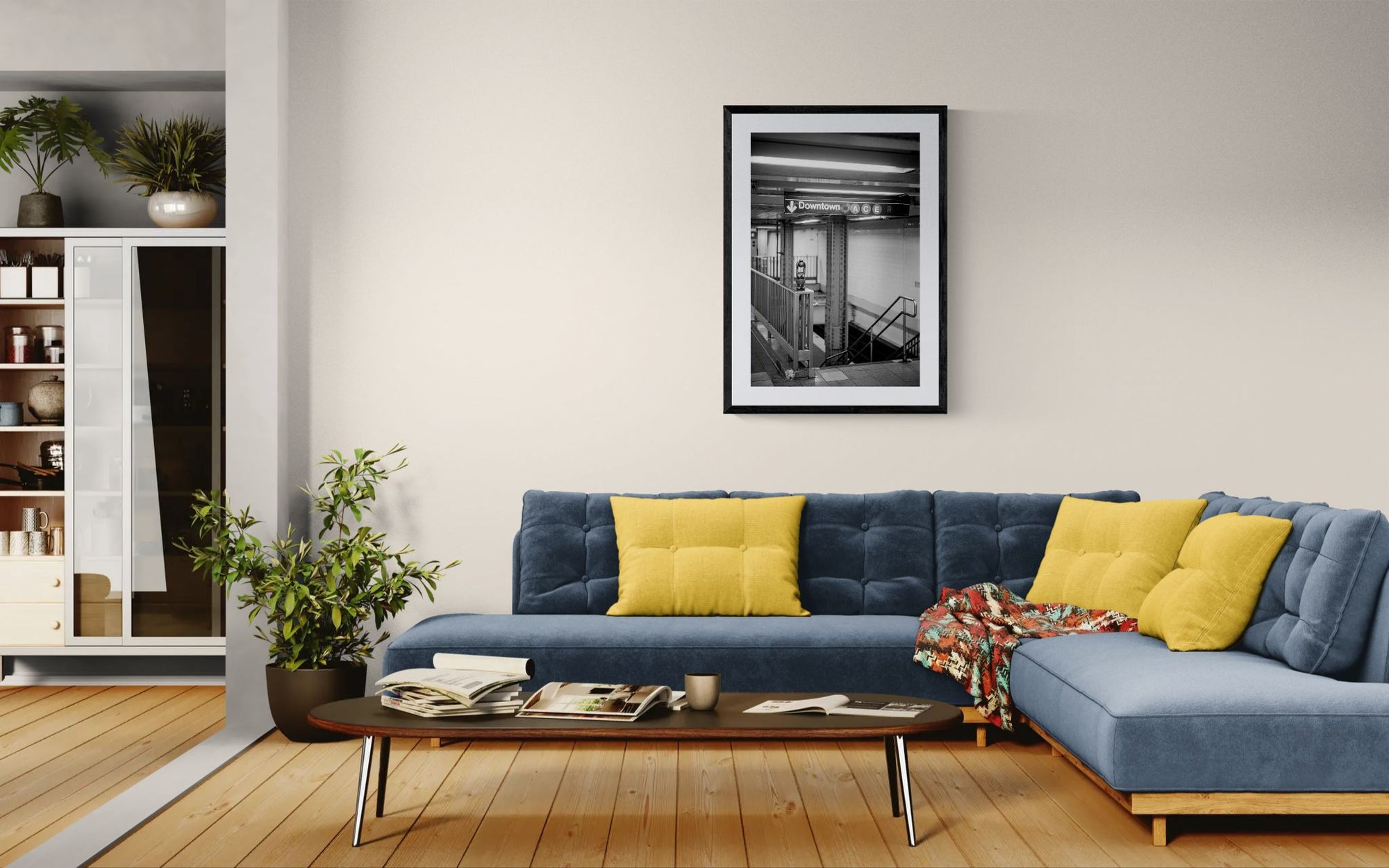 NYC Subway 14th & 8th Downtown ACE, Portals Series framed in black above a terracotta velvet sofa, gray plaster wall — Good Beans NYC.