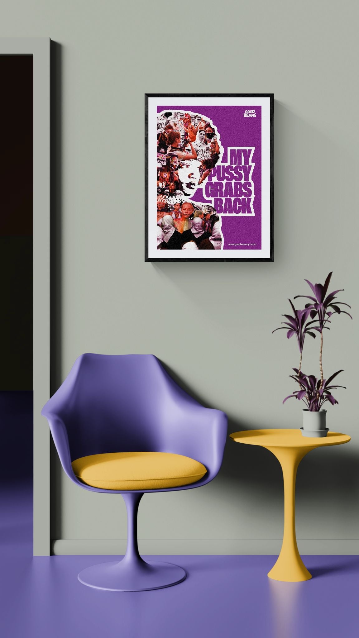 My Pussy Grabs Back Poster, Protest Collage framed in black on a gallery wall with a side-profile viewer in a dark coat — Good Beans NYC.