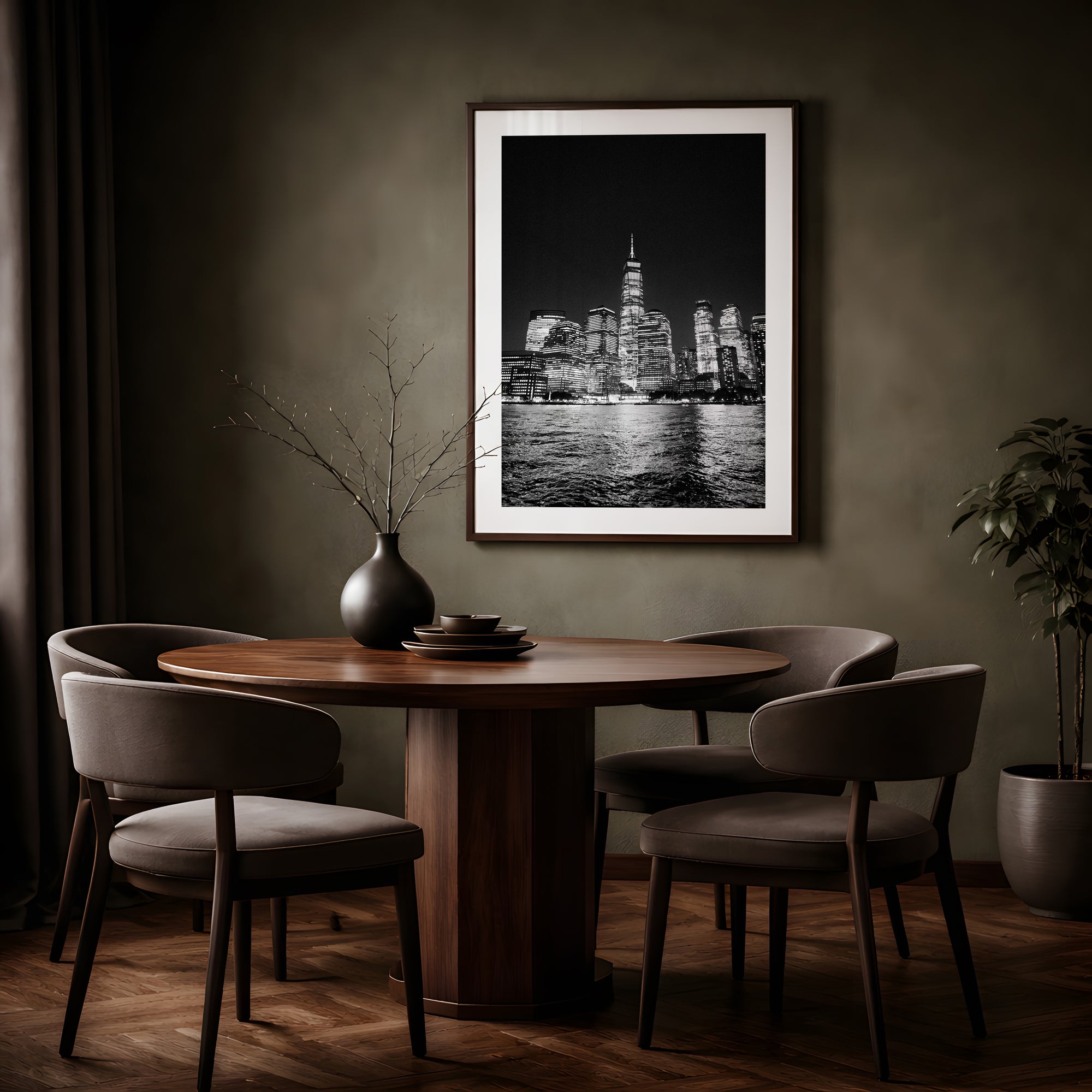 NYC Freedom Tower from the Hudson, Manhattan framed in black above a terracotta velvet sofa, gray plaster wall — Good Beans NYC.