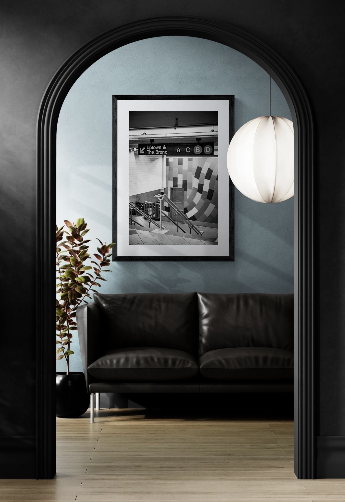 NYC Subway ACBD Uptown & Bronx, Portals Series framed in black above a terracotta velvet sofa, gray plaster wall — Good Beans NYC.