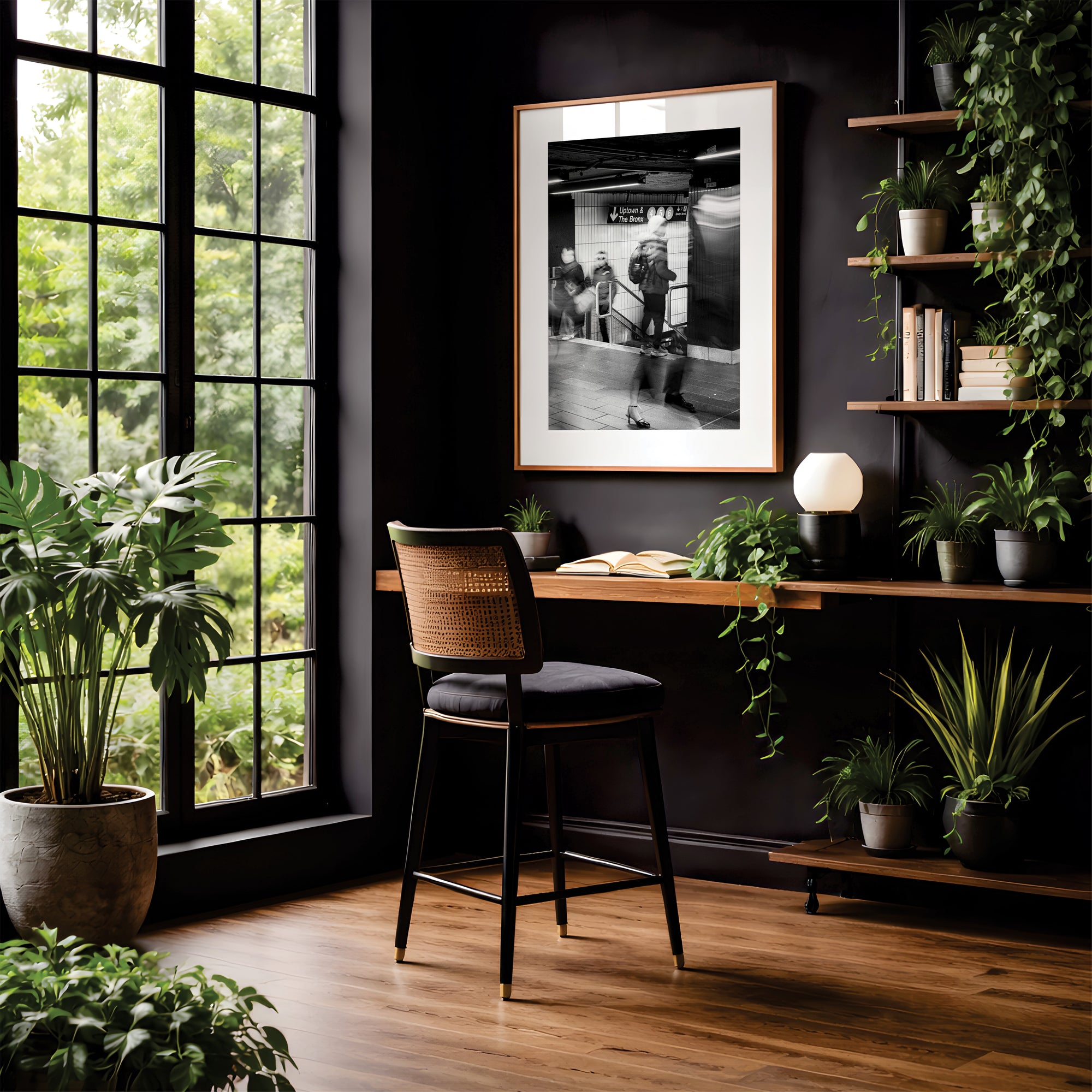NYC Grand Central Motion, 4 5 6 Uptown framed in black on a gallery wall with a viewer in a straw hat in front — Good Beans NYC.