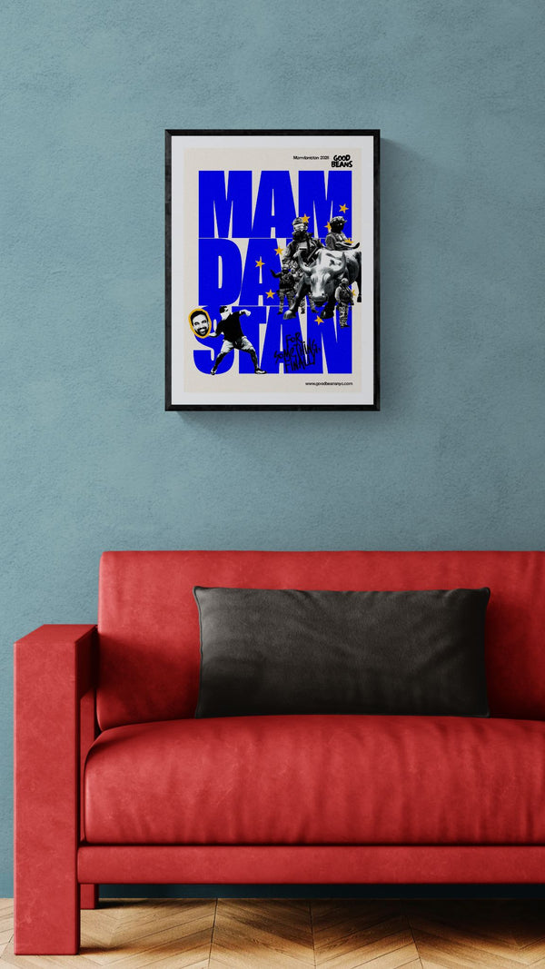 Mamdanistan Poster, Mayor Zohran Mamdani framed in black above a beige sofa, sunlit yellow plaster wall — Good Beans NYC.