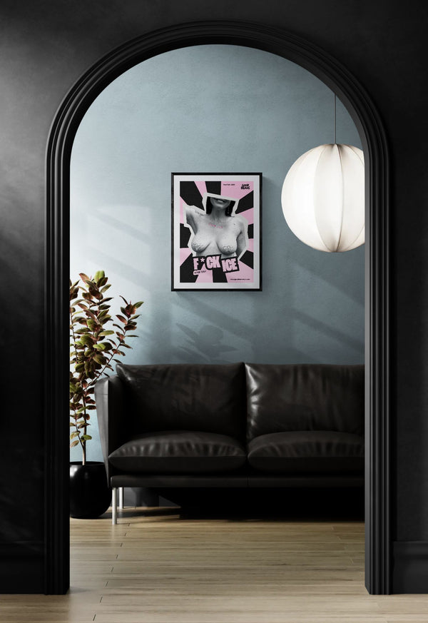 F*ck Ice Poster — Mermaid Parade 2025 framed in black above a beige sofa, sunlit yellow plaster wall — Good Beans NYC.