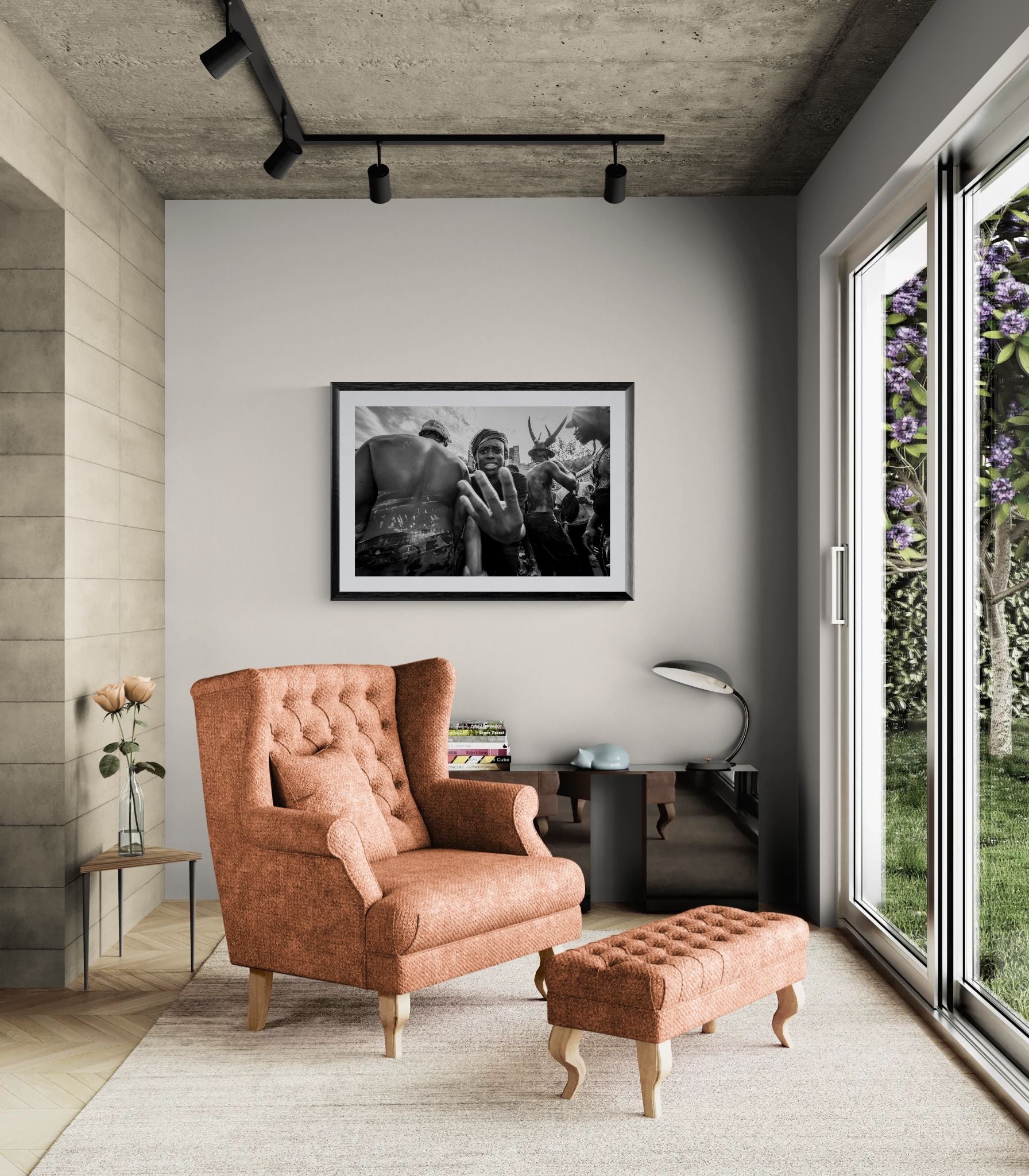 NYC J'Ouvert Boy Hand Sign, Brooklyn Before Sunrise framed in black above a terracotta velvet sofa, gray plaster wall — Good Beans NYC.