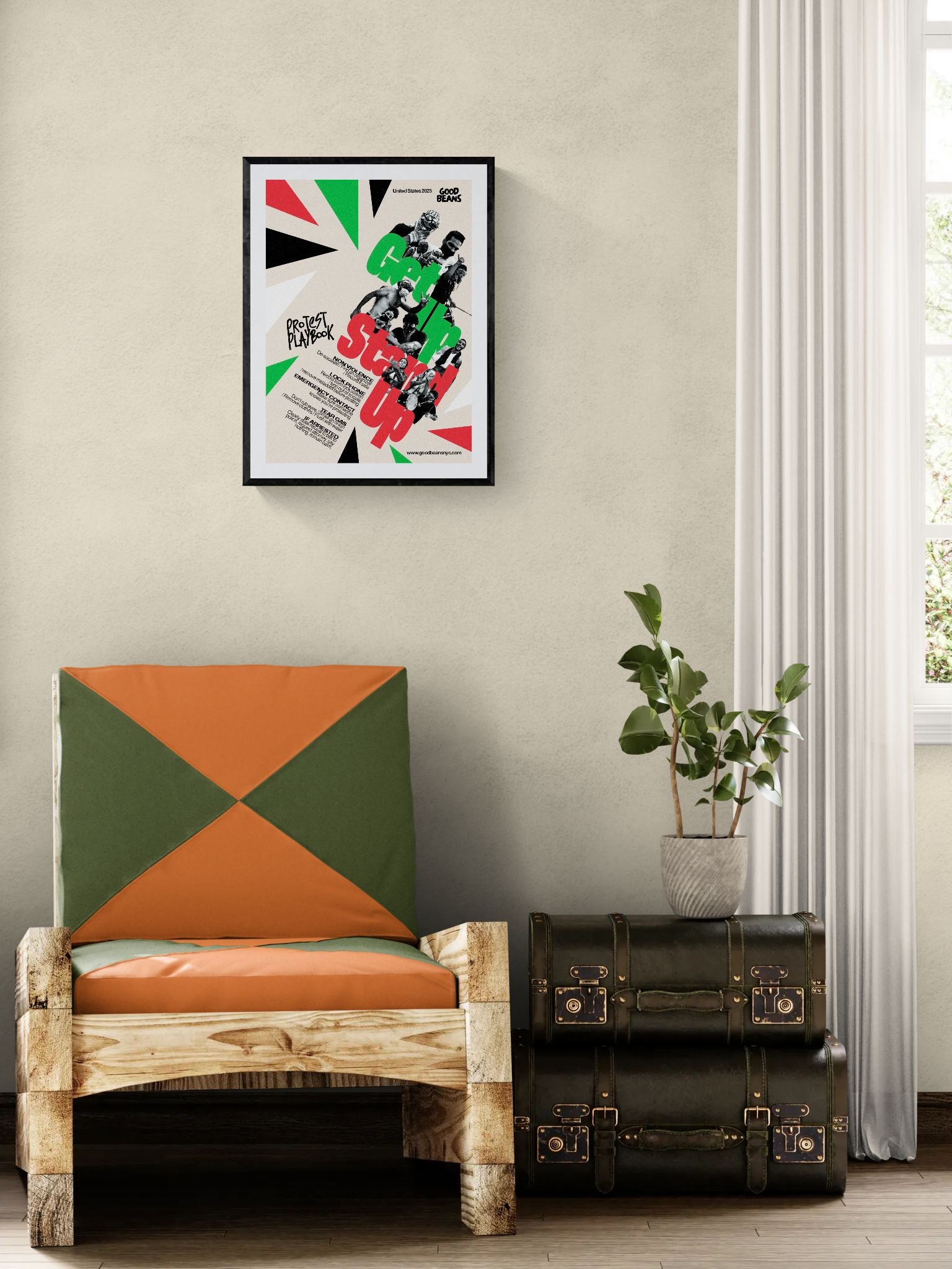 Get In Stand Up Protest Playbook Poster framed in black on a gallery wall with a side-profile viewer in a dark coat — Good Beans NYC.