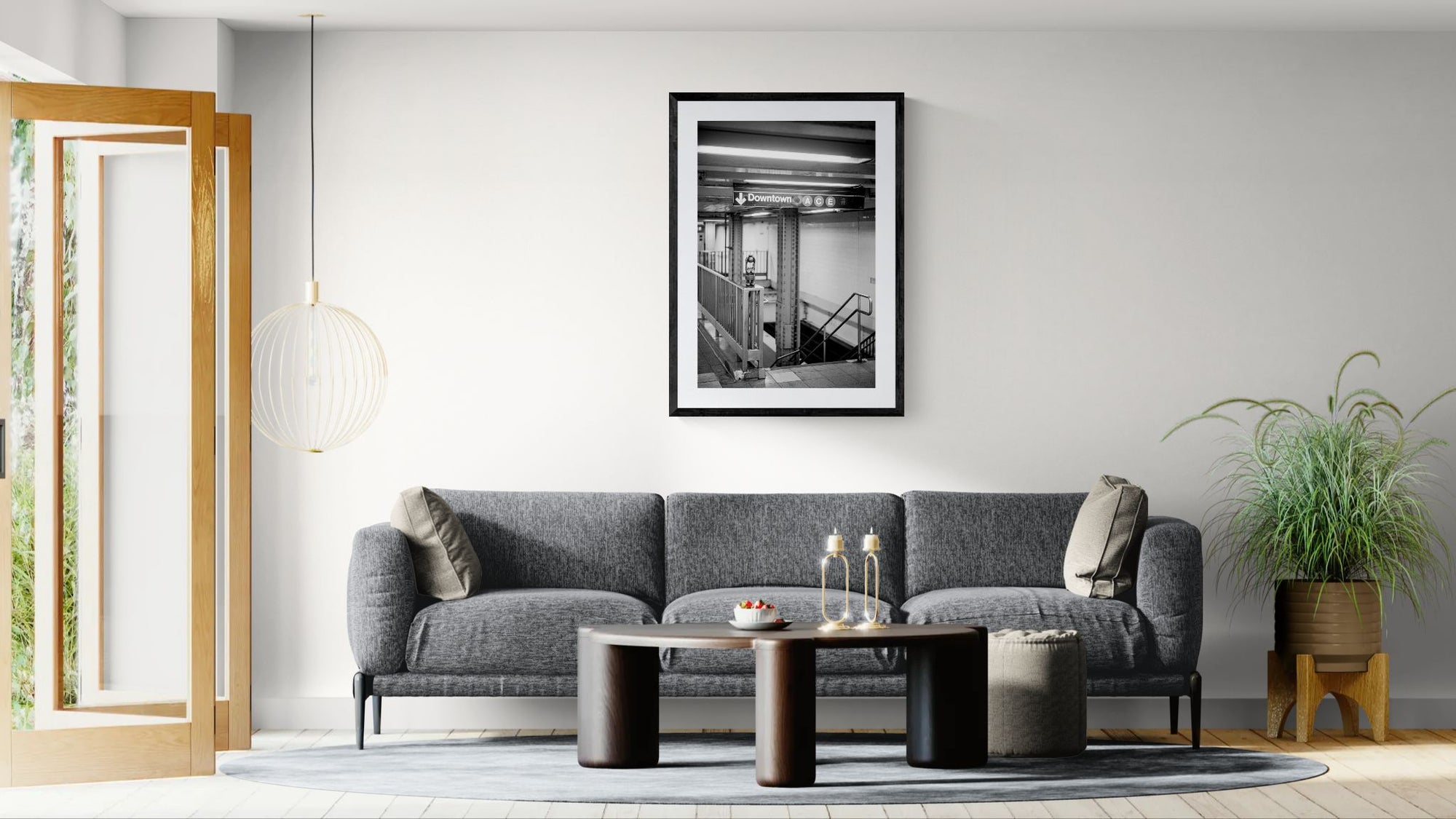 NYC Subway ACBD Uptown & Bronx, Portals Series framed in black on a gallery wall with a side-profile viewer in a dark coat — Good Beans NYC.