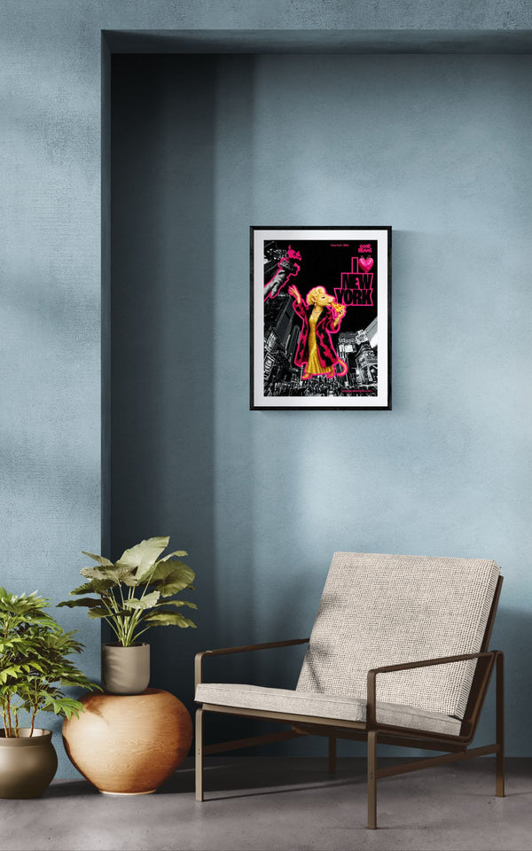 Fabulous NYC Rat Poster, Times Square framed in black above a terracotta velvet sofa, gray plaster wall — Good Beans NYC.