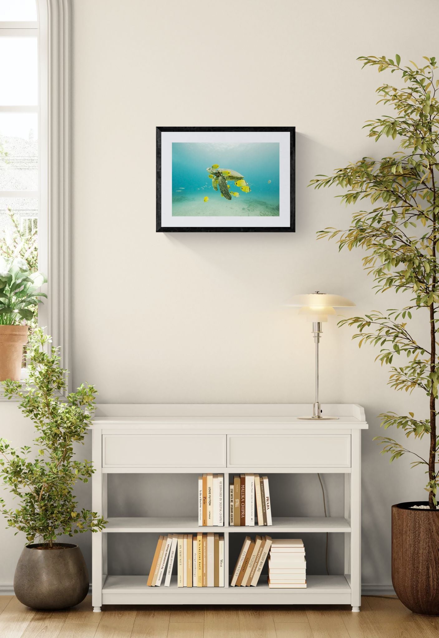 Turtle off the Coast of Eastern Mexico — Photo by Karim Iliya framed in black on a gallery wall with a side-profile viewer in a dark coat — Good Beans NYC.