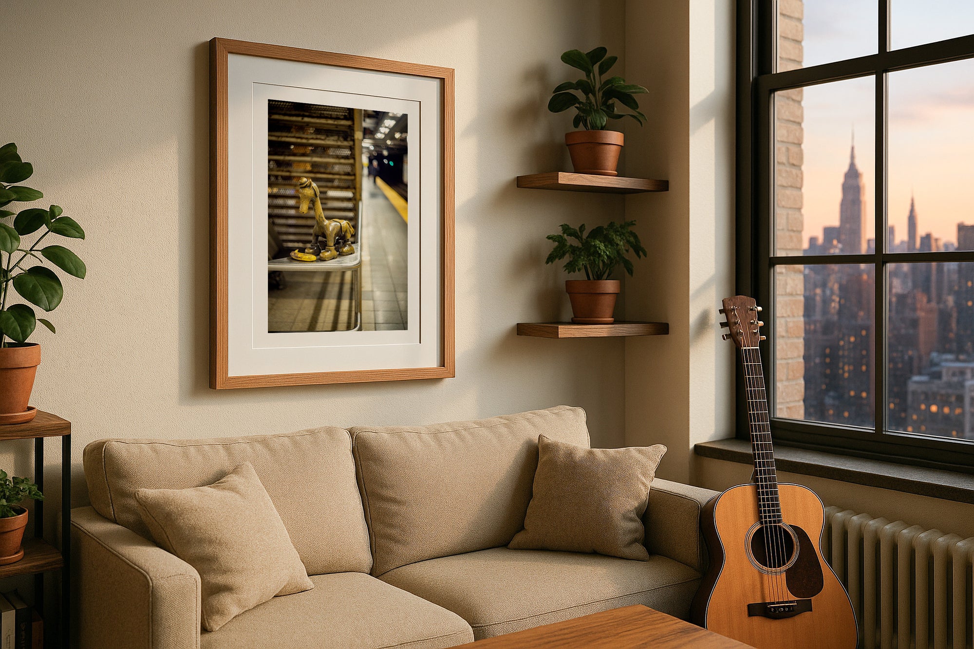 NYC Subway Little Guy Sculpture, 14th & 8th, Tom Otterness framed in black above a terracotta velvet sofa, gray plaster wall — Good Beans NYC.