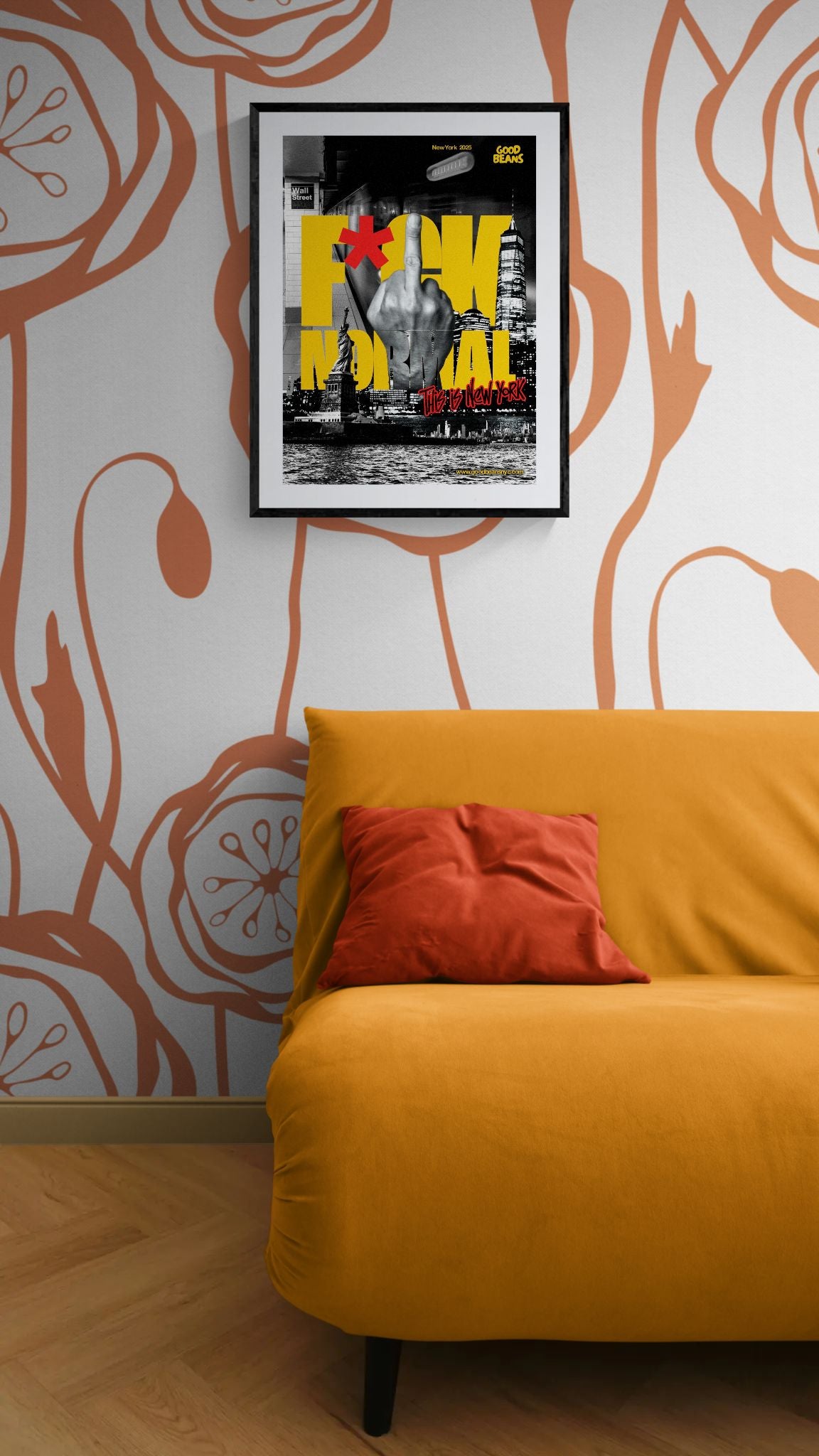F*ck Normal Poster, This Is New York framed in black above a terracotta velvet sofa, gray plaster wall — Good Beans NYC.