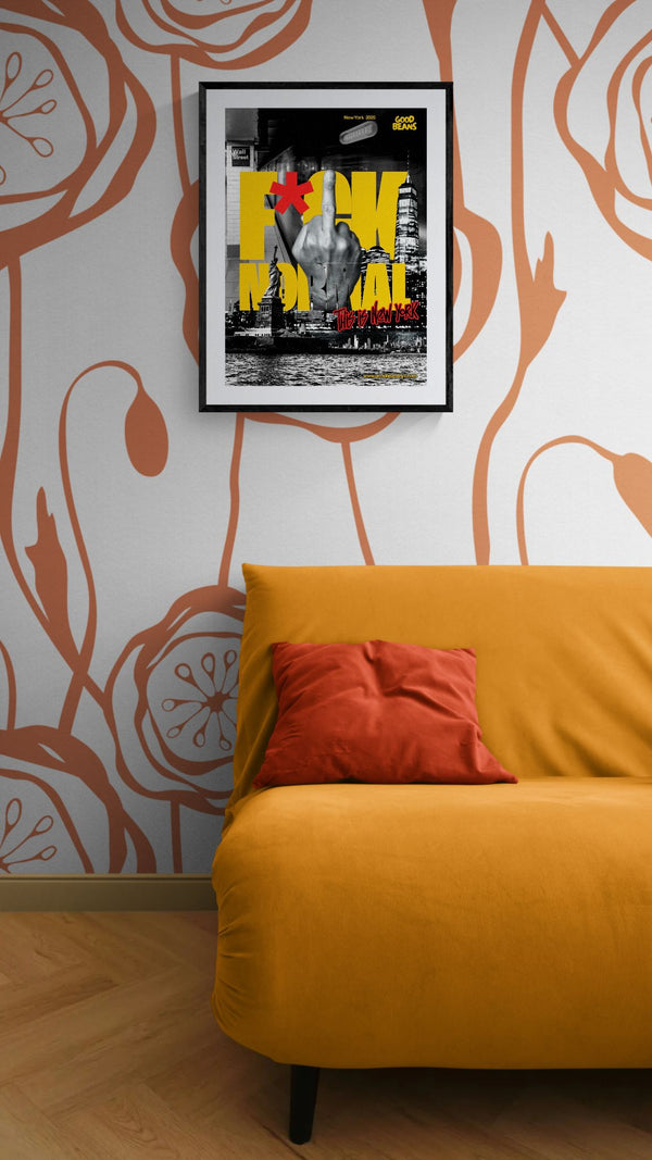 F*ck Normal Poster, This Is New York framed in black above a terracotta velvet sofa, gray plaster wall — Good Beans NYC.