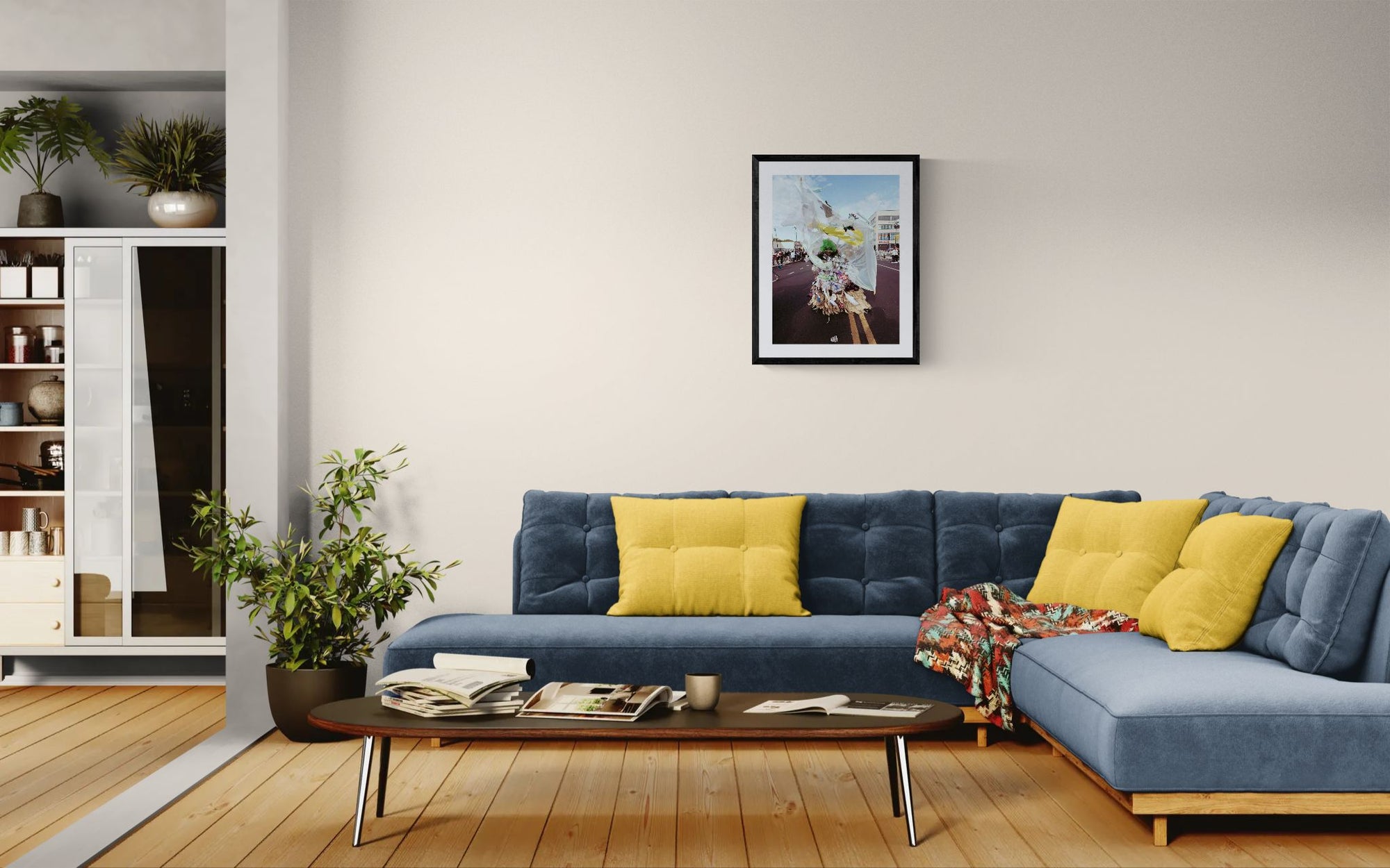 NYC J'Ouvert Green Woman Trash Costume, Flatbush framed in black above a beige sofa, sunlit yellow plaster wall — Good Beans NYC.
