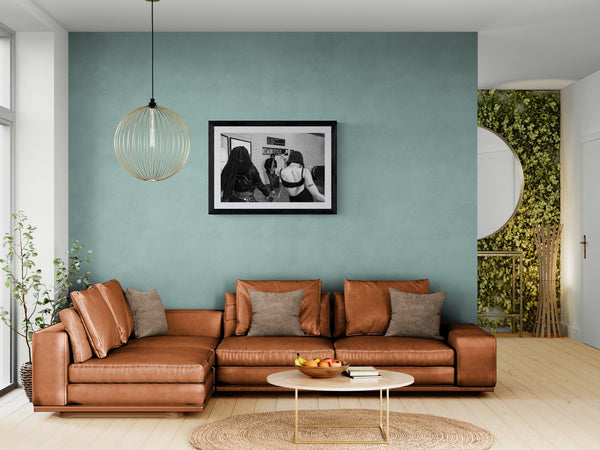 NYC Times Square Busking Dance, 42nd Street framed in black above a terracotta velvet sofa, gray plaster wall — Good Beans NYC.