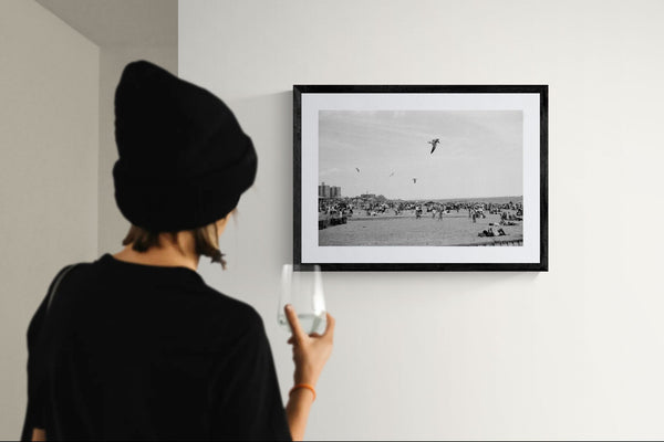 NYC Coney Island Beach Birds, Brooklyn framed in black above a terracotta velvet sofa, gray plaster wall — Good Beans NYC.