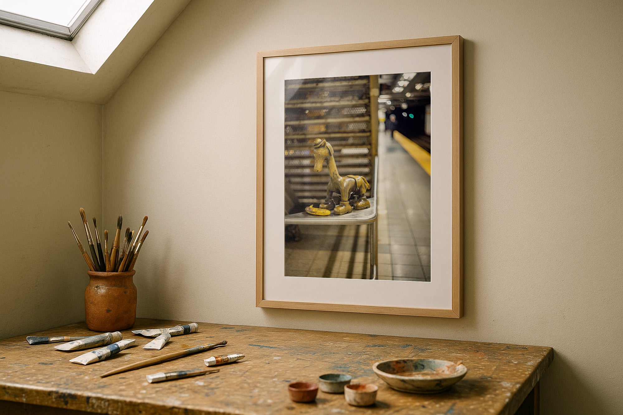 NYC Subway Little Guy Sculpture, 14th & 8th, Tom Otterness framed in black above a beige sofa, sunlit yellow plaster wall — Good Beans NYC.