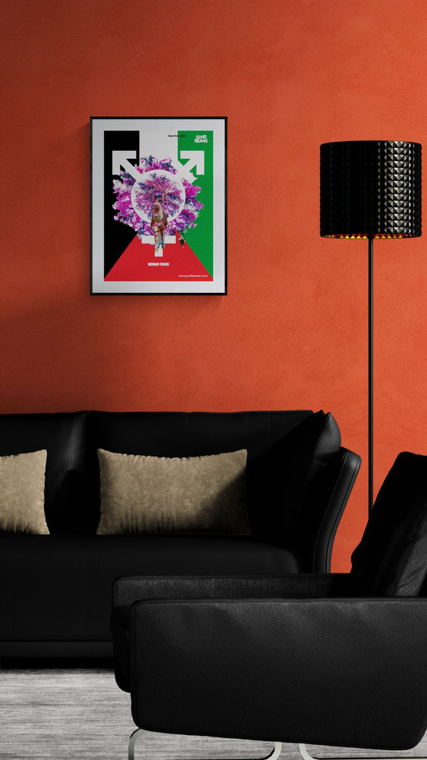 Trans Palestine Poster — Mermaid Parade 2025 framed in black above a beige sofa, sunlit yellow plaster wall — Good Beans NYC.