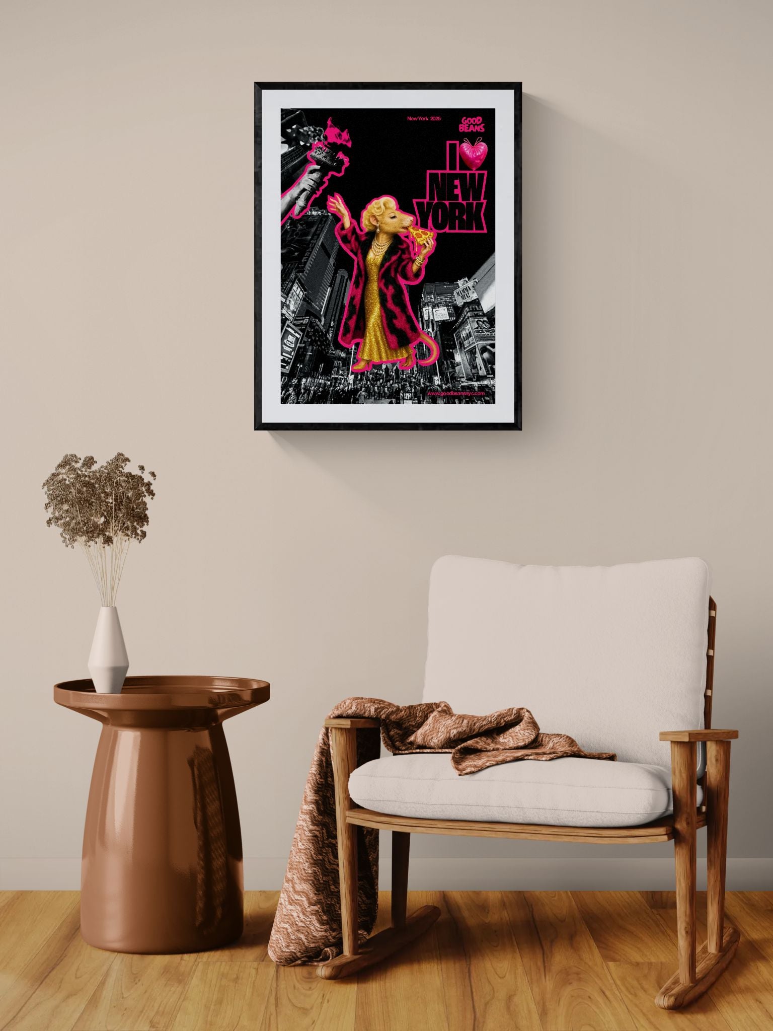 Fabulous NYC Rat Poster, Times Square framed in black above a beige sofa, sunlit yellow plaster wall — Good Beans NYC.