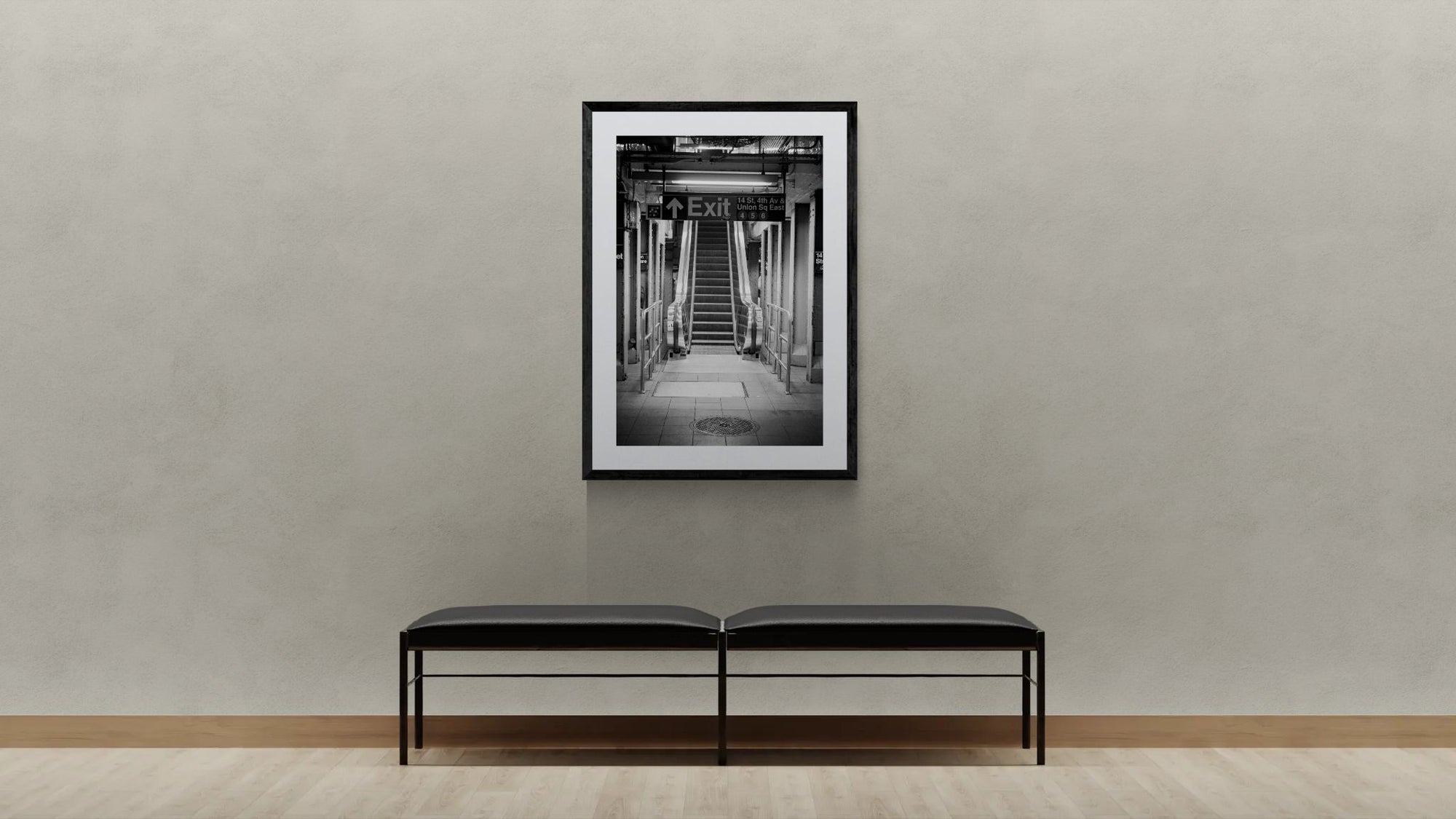 NYC Subway Union Square 4 5 6 Heading Up, Portals Series framed in black above a terracotta velvet sofa, gray plaster wall — Good Beans NYC.