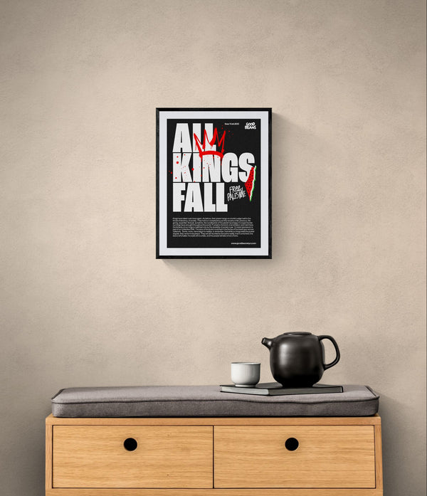 All Kings Fall Poster — Free Palestine framed in black above a terracotta velvet sofa, gray plaster wall — Good Beans NYC.
