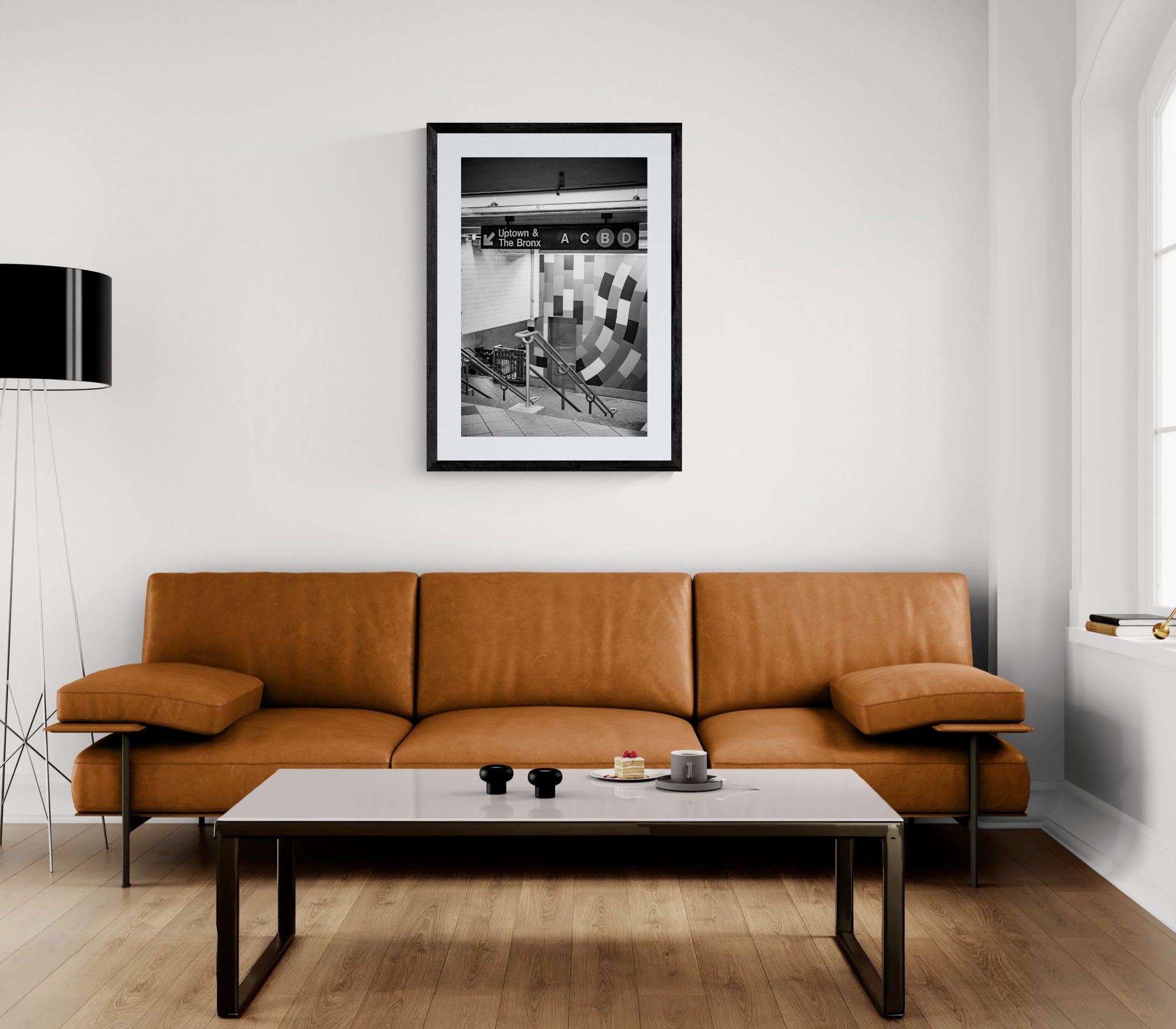 NYC Subway ACBD Uptown & Bronx, Portals Series framed in black on a gallery wall with a viewer in a straw hat in front — Good Beans NYC.