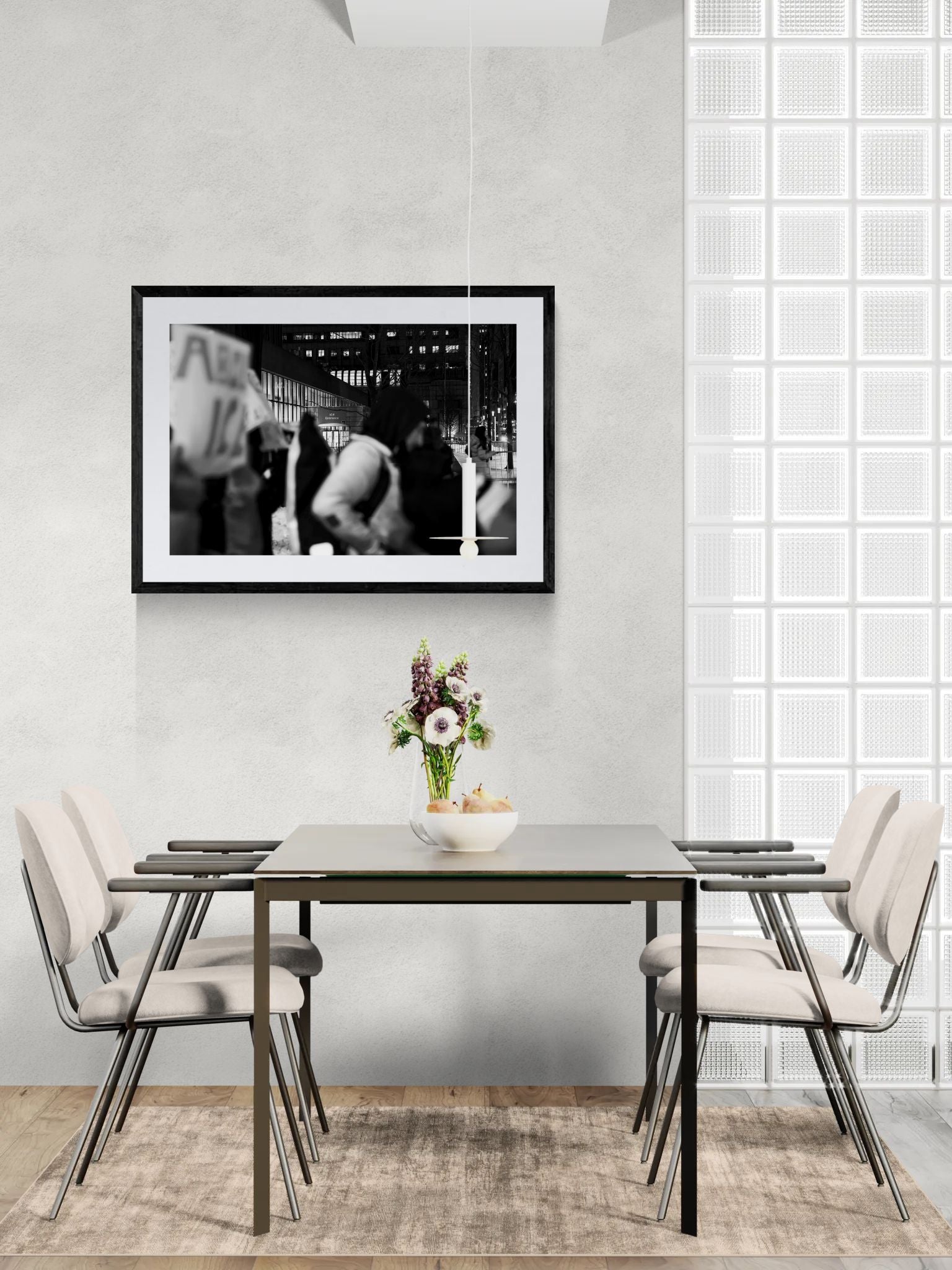 NYC Abolish ICE Entrance, Manhattan framed in black on a gallery wall with a viewer in a straw hat in front — Good Beans NYC.