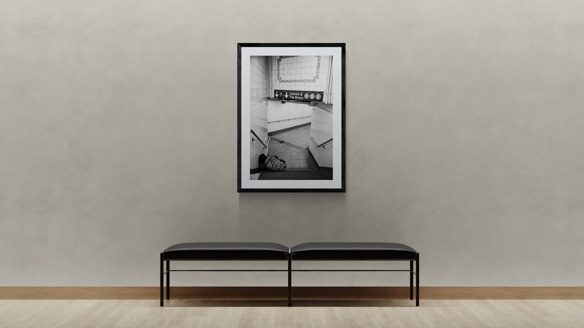 NYC Subway Uptown & Bronx Nap framed in black above a beige sofa, sunlit yellow plaster wall — Good Beans NYC.