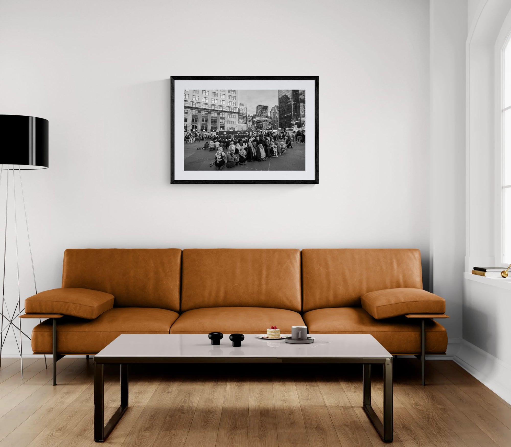 NYC Pro Palestine Prayer #2 framed in black above a terracotta velvet sofa, gray plaster wall — Good Beans NYC.