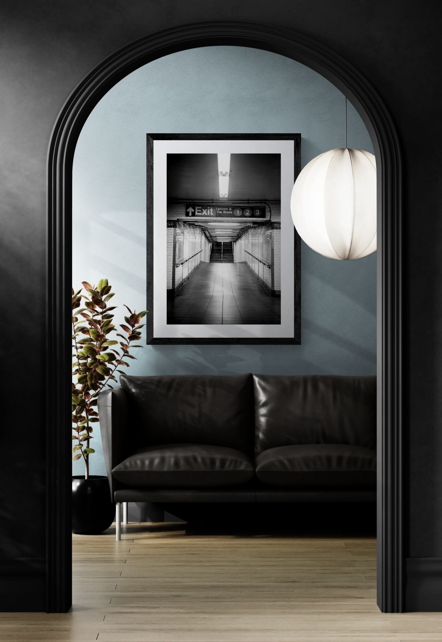 NYC Subway 1 2 3 Uptown & Bronx, Portals Series framed in black above a beige sofa, sunlit yellow plaster wall — Good Beans NYC.