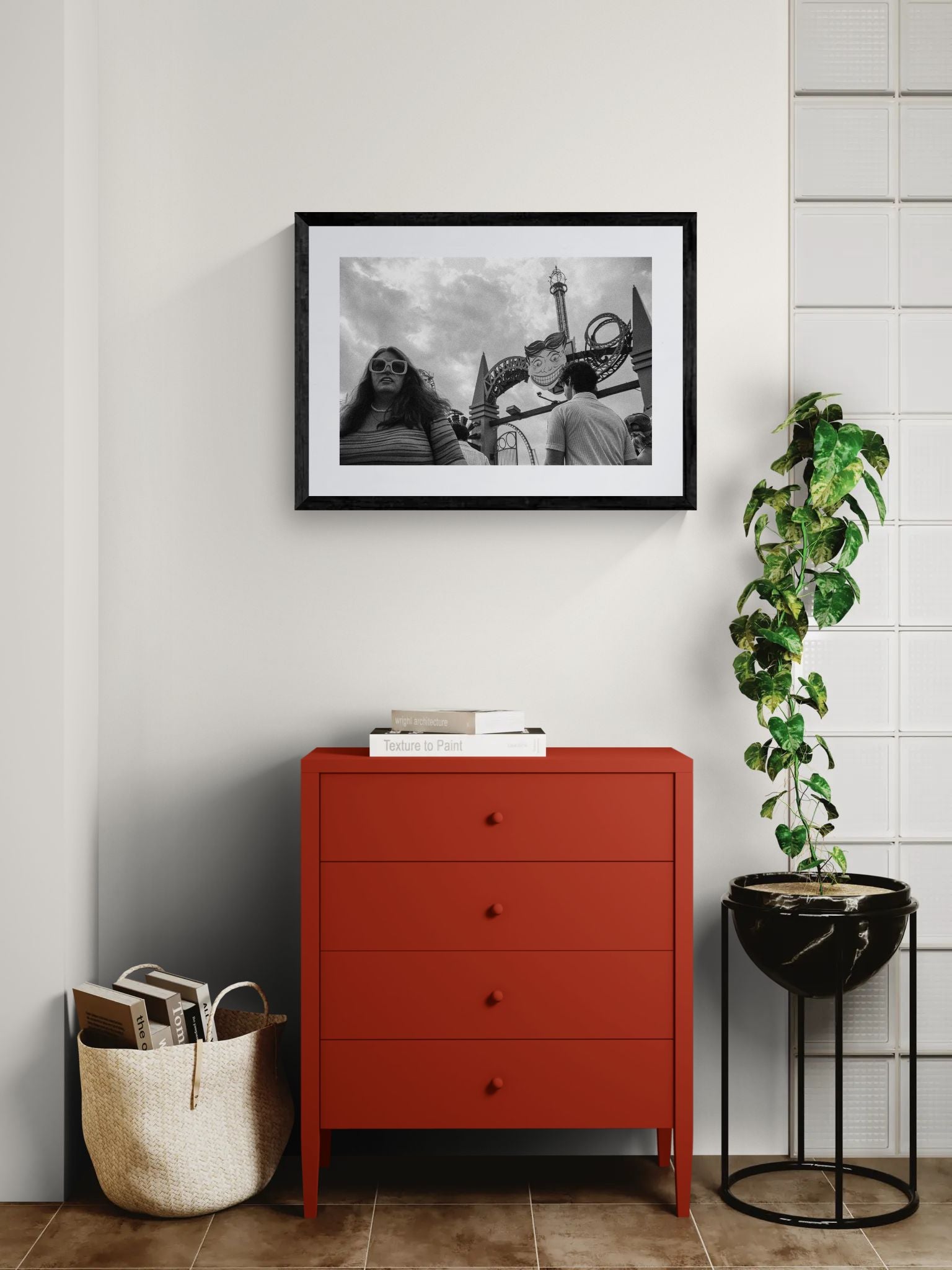 NYC Coney Island Girl Couple, Boardwalk framed in black above a brown leather sectional, teal wall, gold pendant lamp — Good Beans NYC.