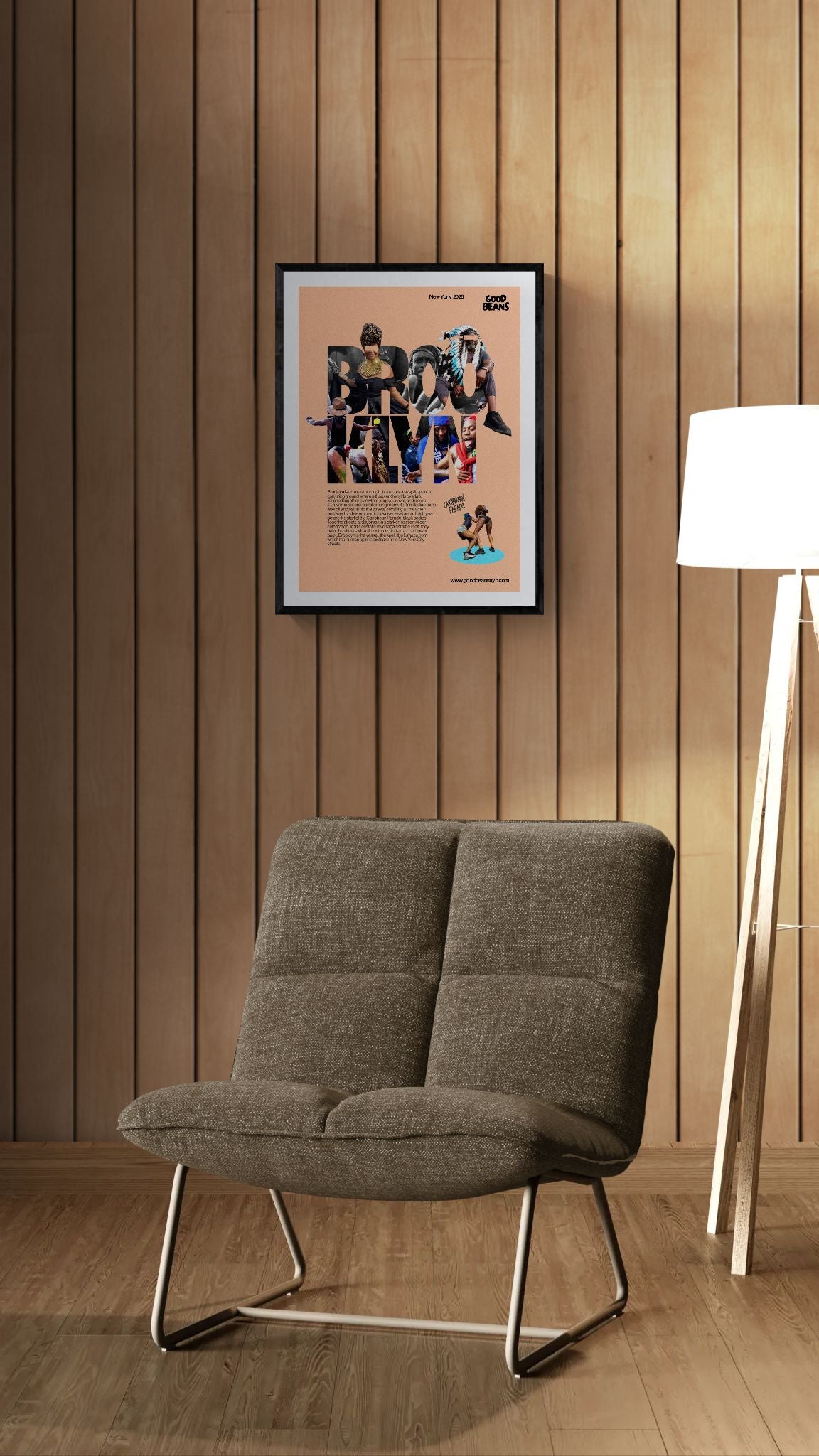 Brooklyn J'Ouvert Poster — Caribbean Parade framed in black above a beige sofa, sunlit yellow plaster wall — Good Beans NYC.