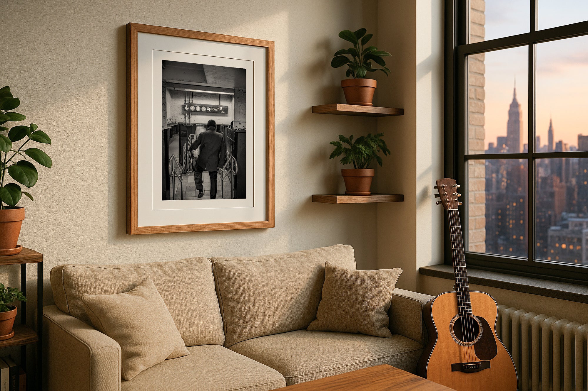 NYC Subway 456 Man Rushing, Portals Series framed in black above a beige sofa, sunlit yellow plaster wall — Good Beans NYC.