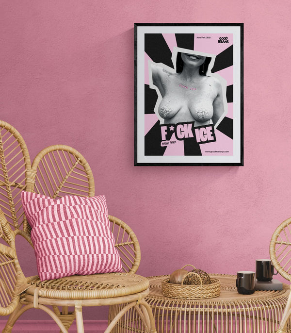 F*ck Ice Poster — Mermaid Parade 2025 framed in black above a terracotta velvet sofa, gray plaster wall — Good Beans NYC.