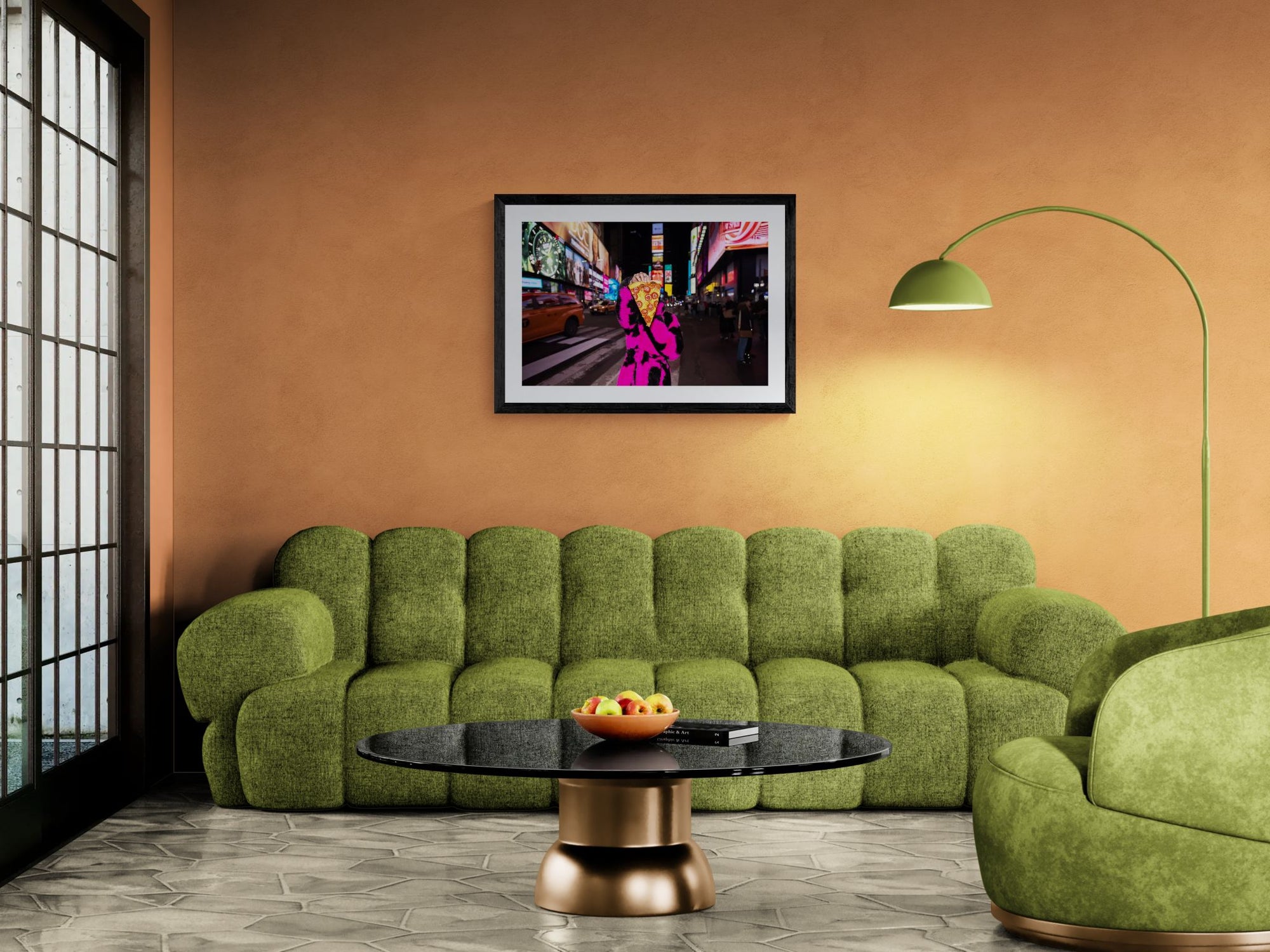 NYC New York in a Time of Pizza Up Close framed in black above a terracotta velvet sofa, gray plaster wall — Good Beans NYC.