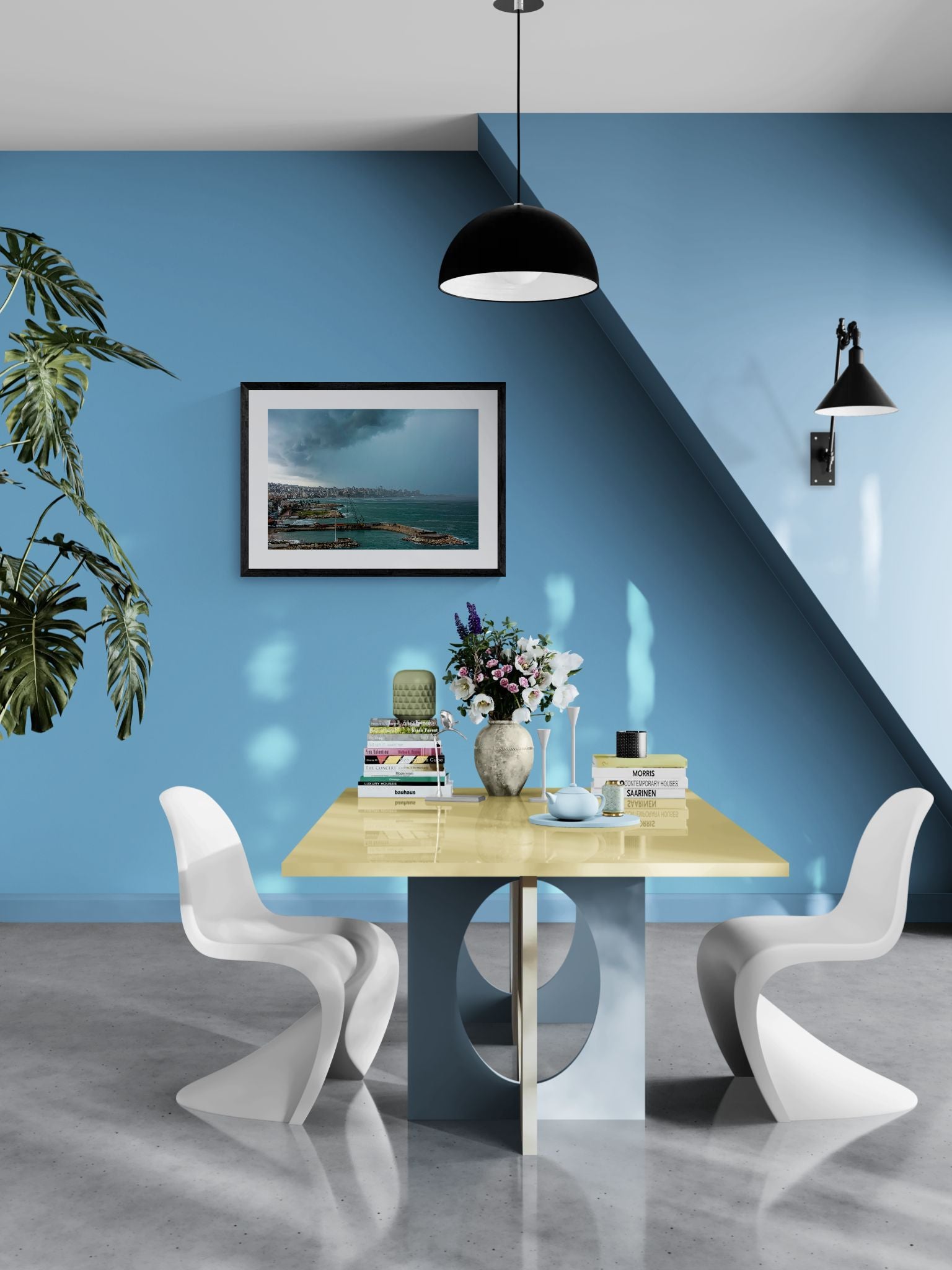 Beirut Storm, Lebanese Coast framed in black above a terracotta velvet sofa, gray plaster wall — Good Beans NYC.